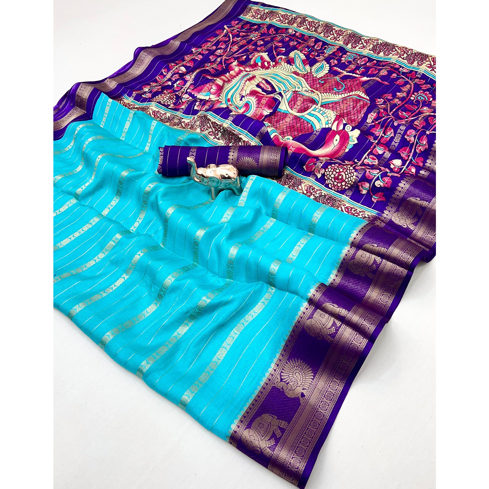Aqua Blue Floral Weaving Mysore Silk Saree With Peacock Print Pallu & Two-Tone Padding Border Work