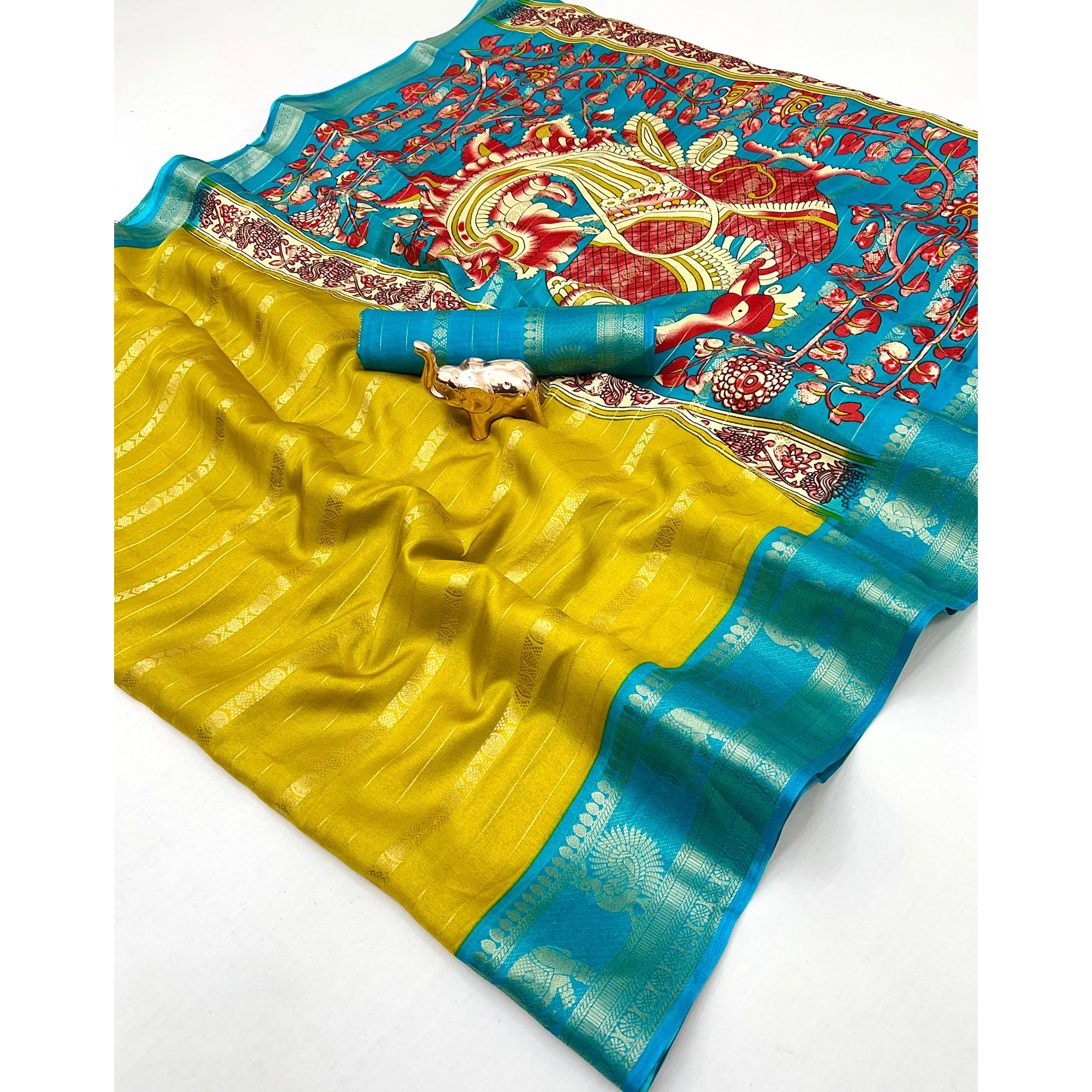 Mustard Floral Weaving Mysore Silk Saree With Peacock Print Pallu & Two-Tone Padding Border Work