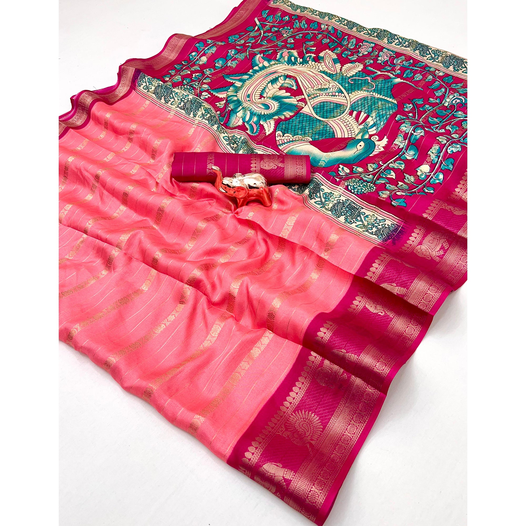 Pink Floral Weaving Mysore Silk Saree With Peacock Print Pallu & Two-Tone Padding Border Work