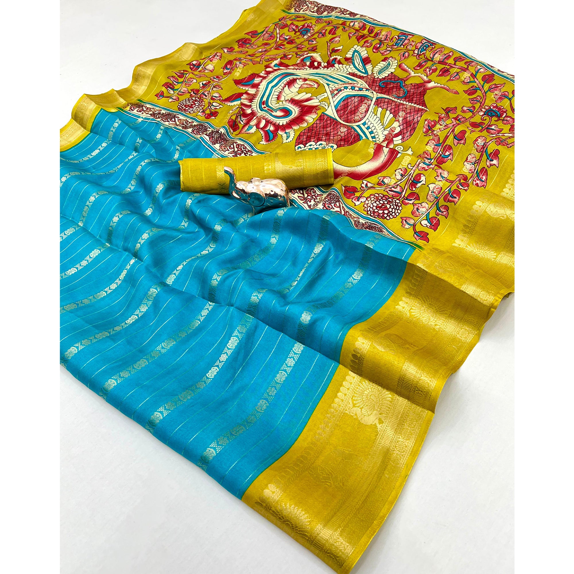 Turquoise Blue Floral Weaving Mysore Silk Saree With Peacock Print Pallu & Two-Tone Padding Border
