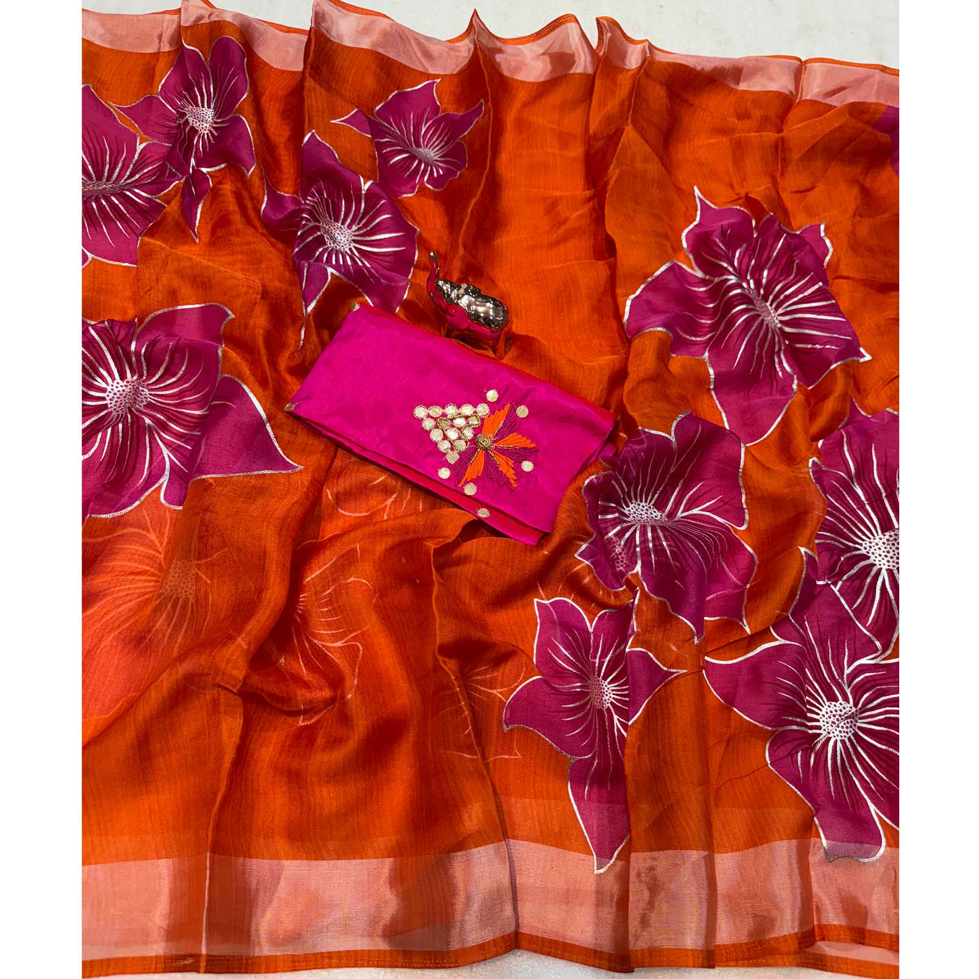 Vibrant Orange & Pink Floral Foil Printed Organza Saree With Designer Unstitched Blouse