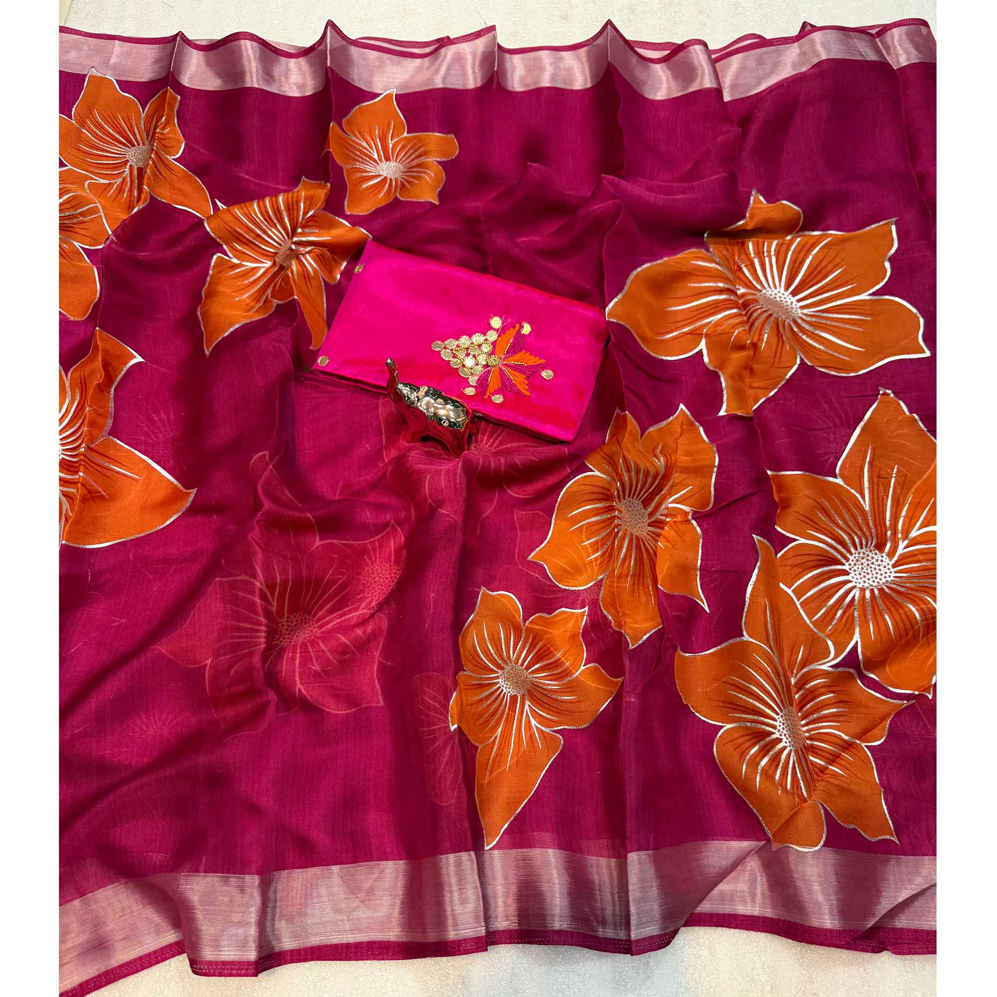 Vibrant Rani Pink & Orange Floral Foil Printed Organza Saree With Designer Unstitched Blouse