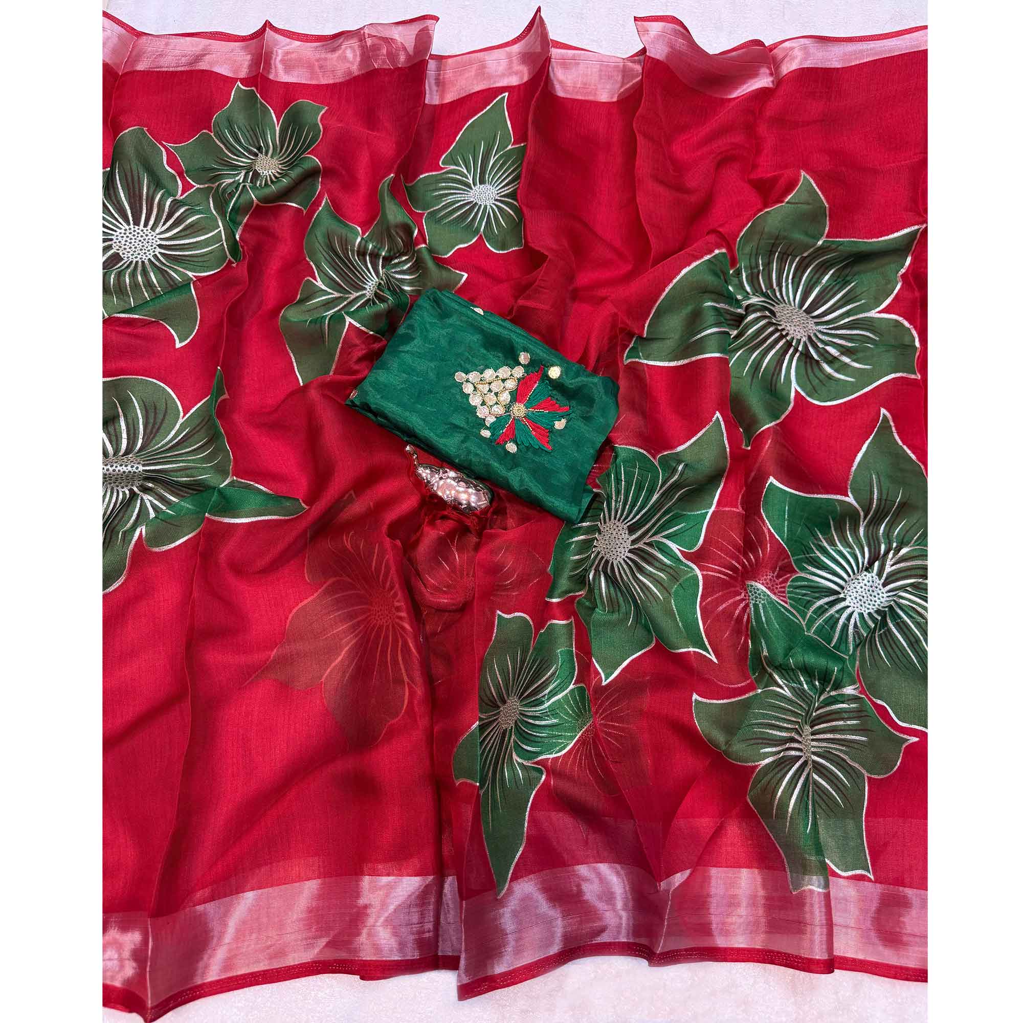 Vibrant Red & Green Floral Foil Printed Organza Saree With Designer Unstitched Blouse