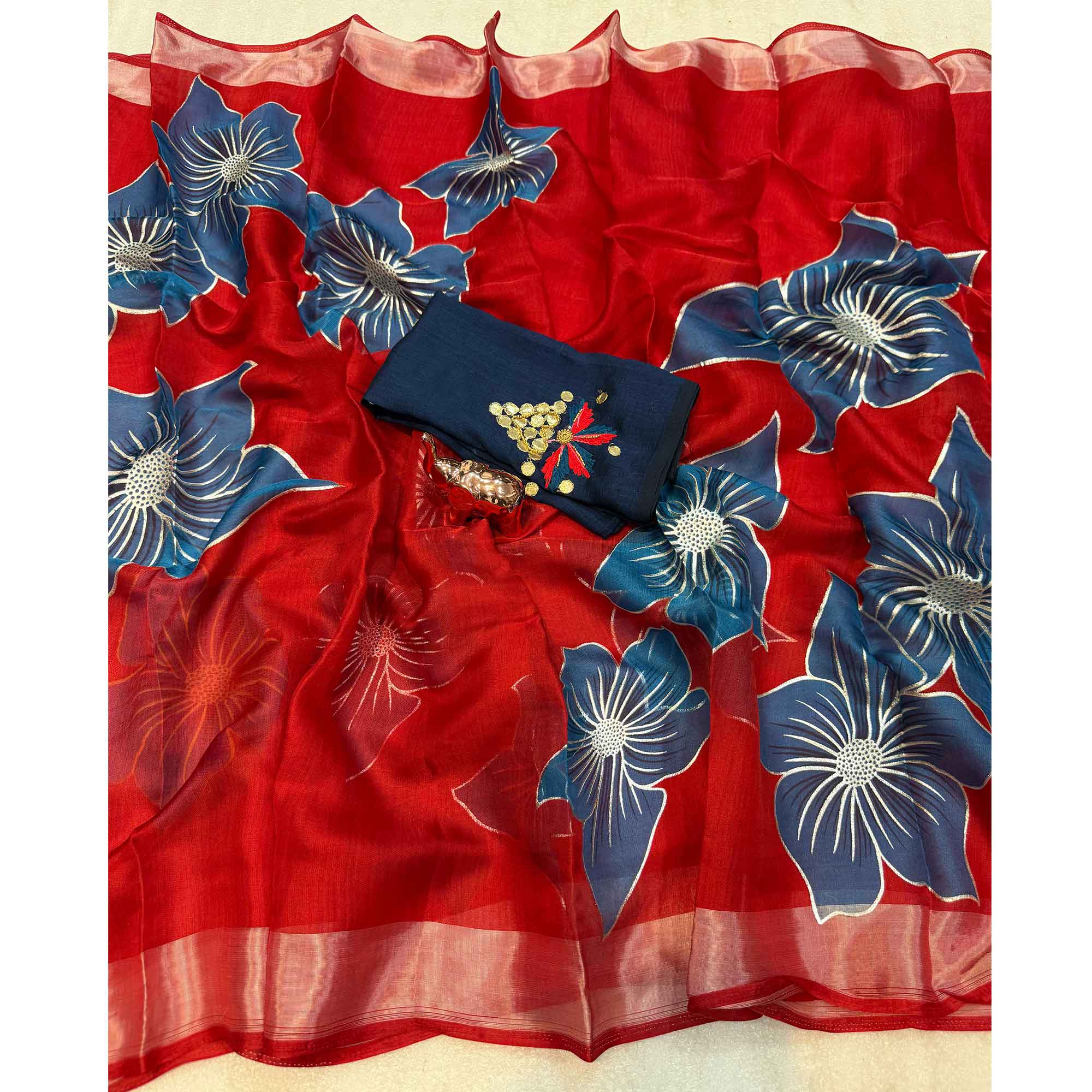 Vibrant Red & Blue Floral Foil Printed Organza Saree With Designer Unstitched Blouse