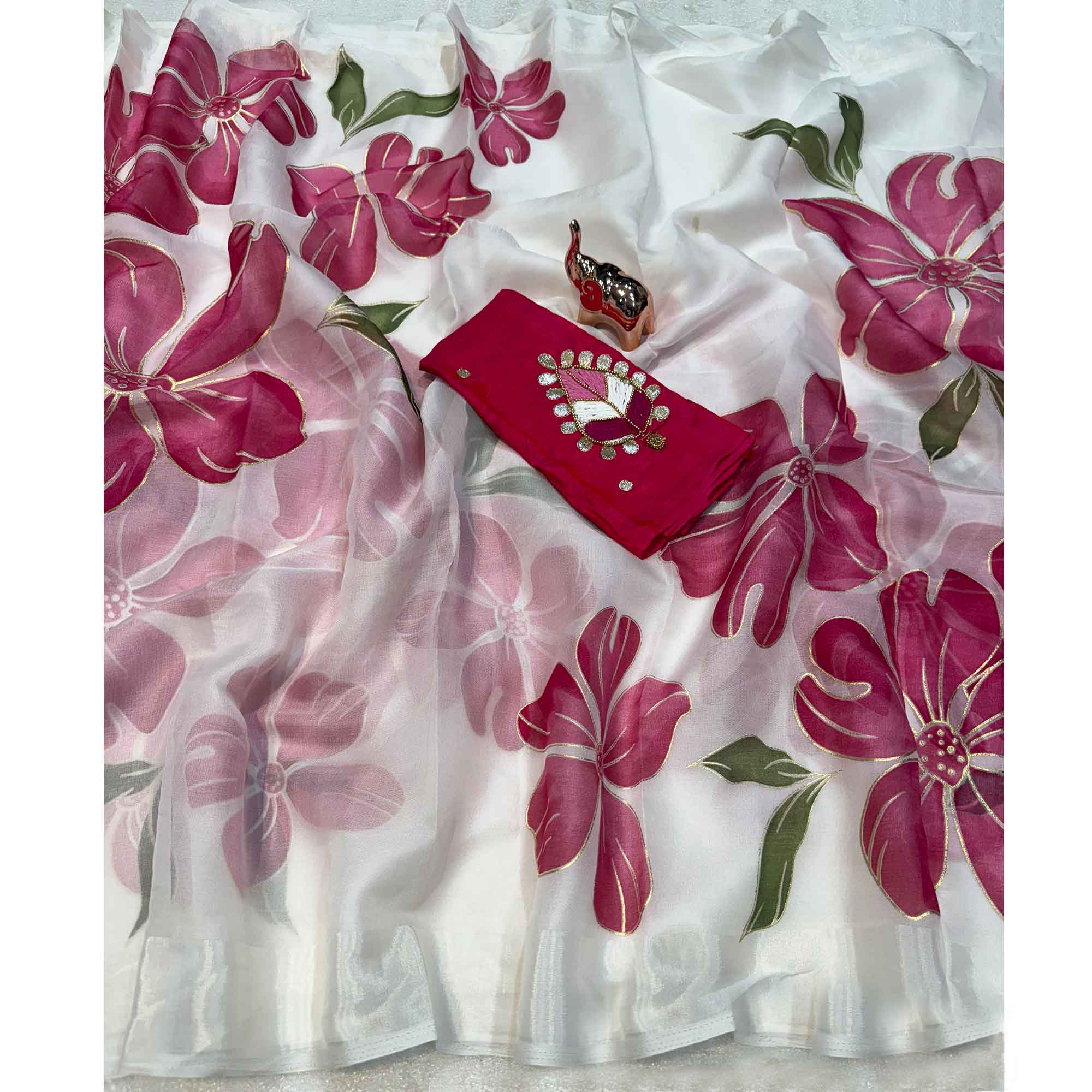 Vibrant White & Pink Floral Foil Printed Organza Saree With Designer Unstitched Blouse