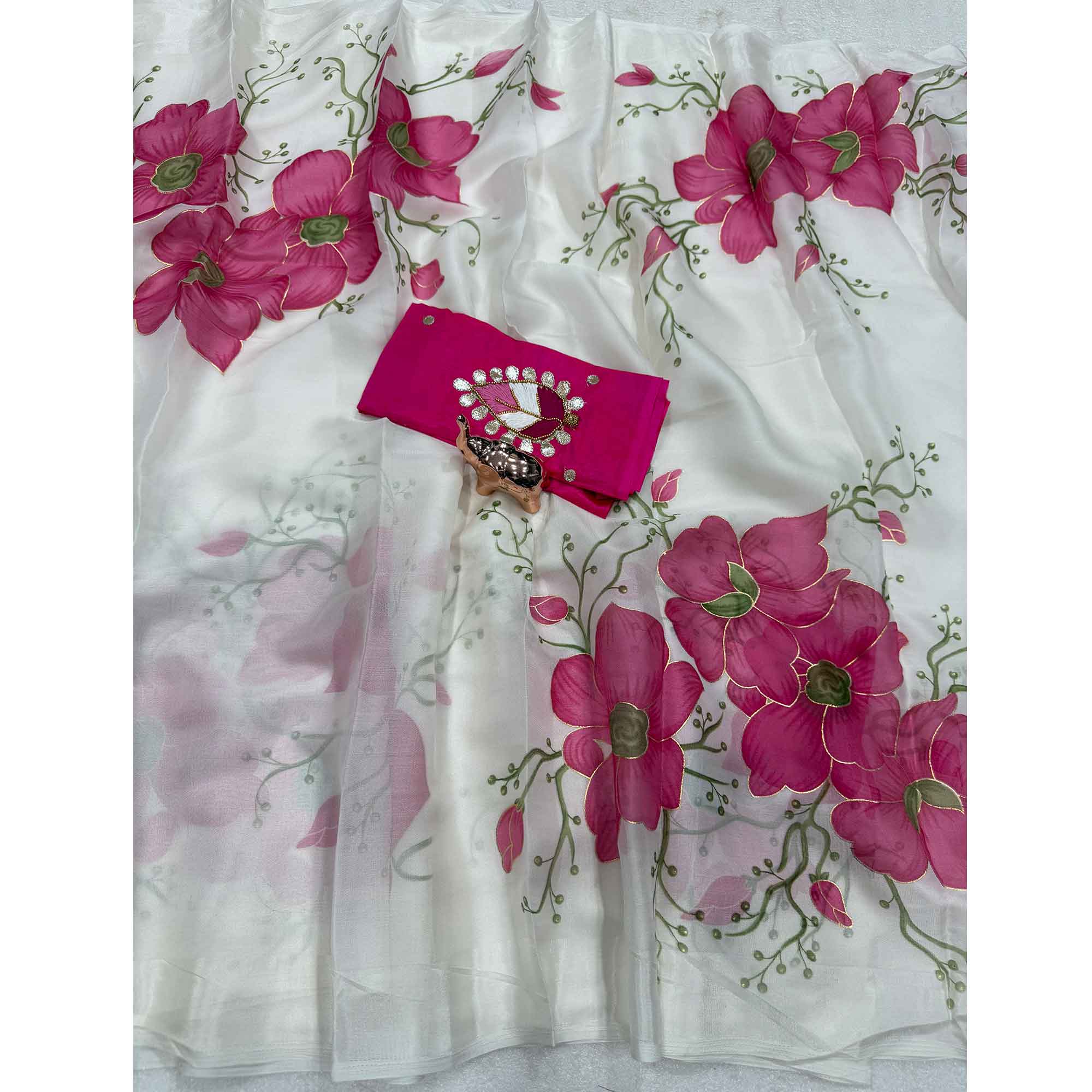 Vibrant White & Pink Floral Foil Printed Organza Saree With Designer Unstitched Blouse