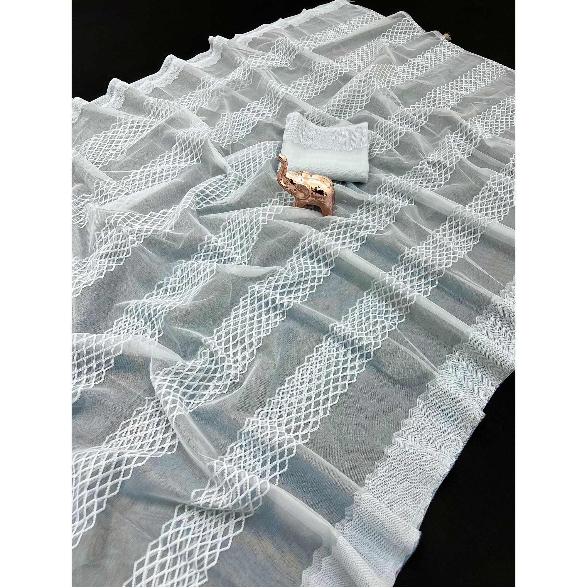 Grey Woven Thread Work Net Saree With Tassels