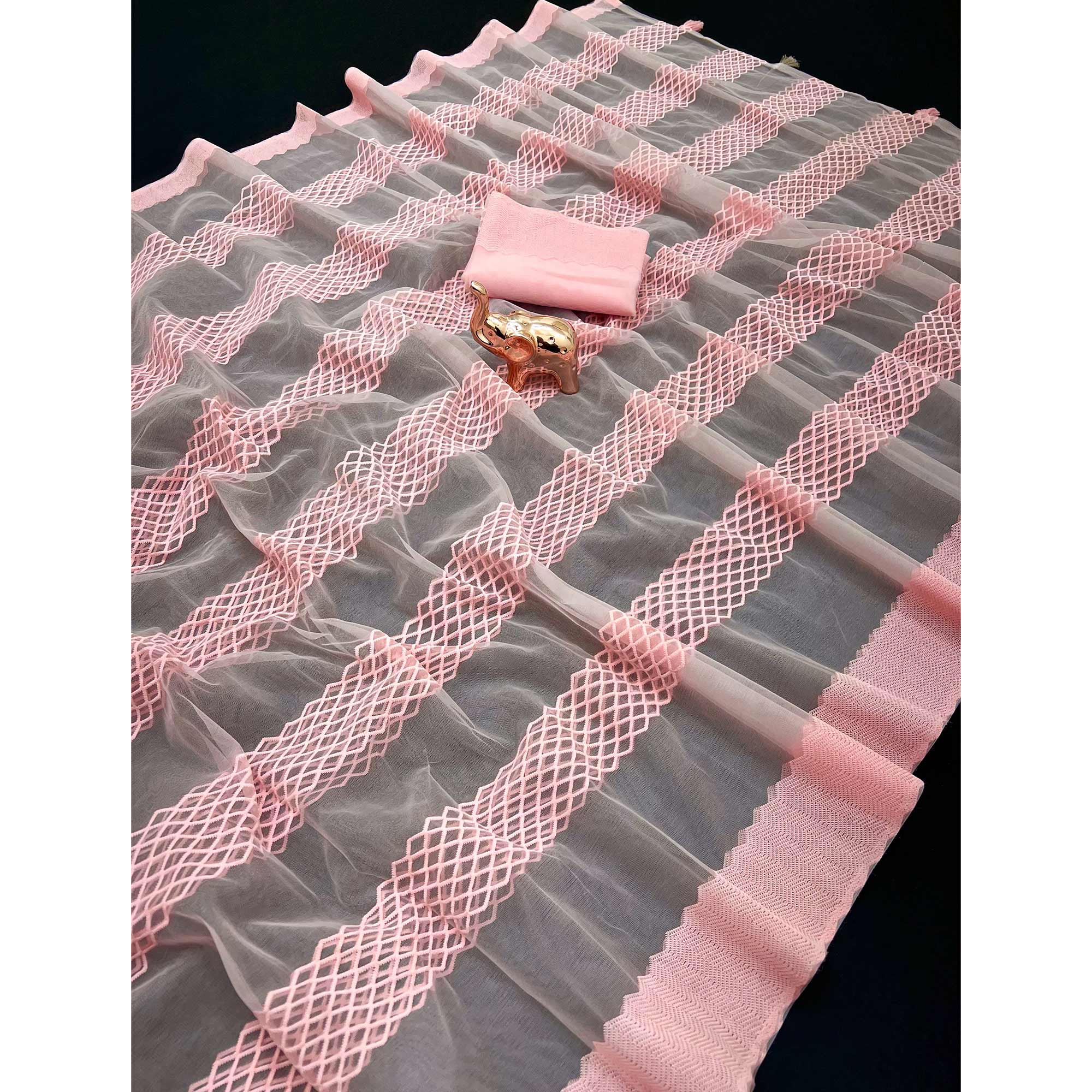 Pink Woven Thread Work Net Saree With Tassels