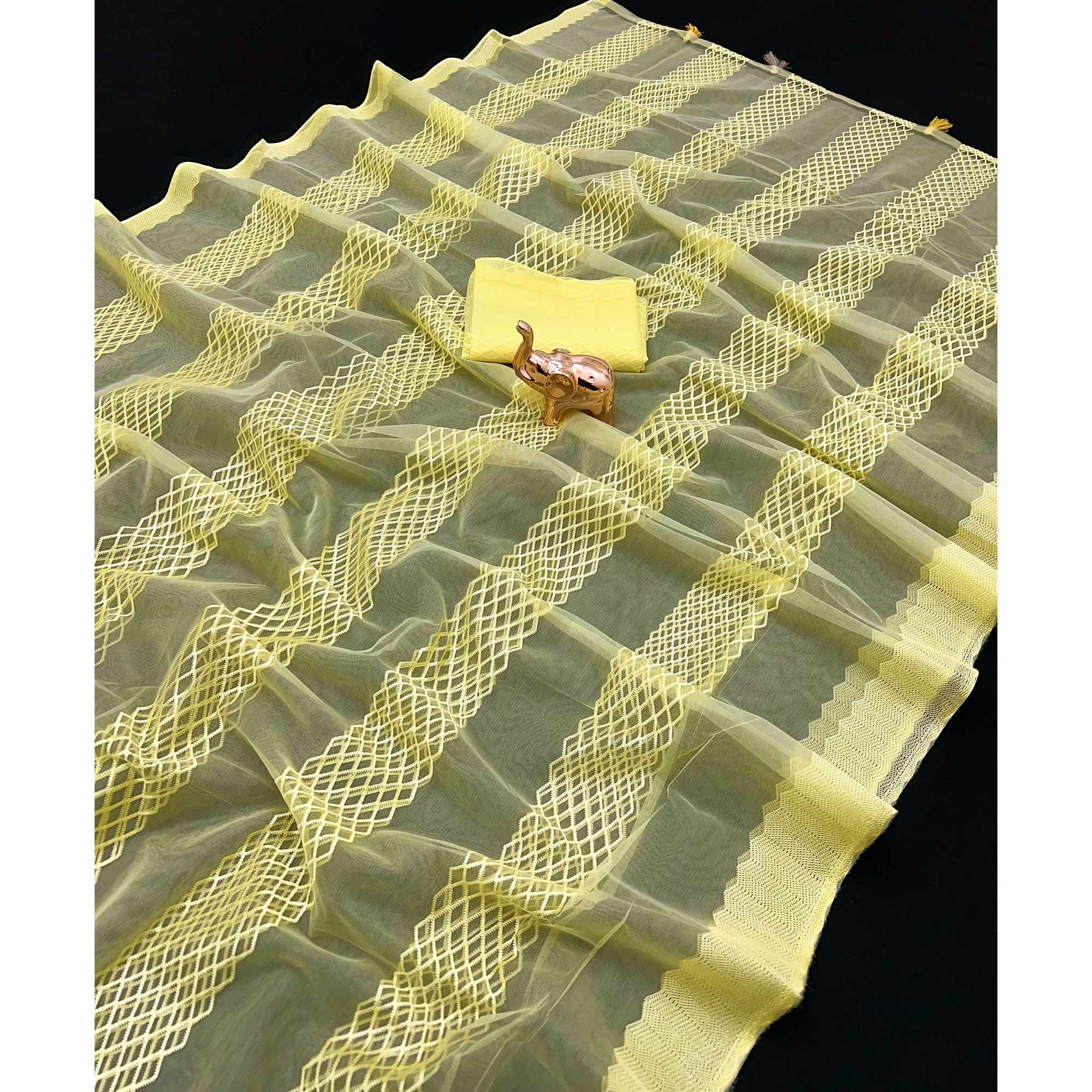 Yellow Woven Thread Work Net Saree With Tassels