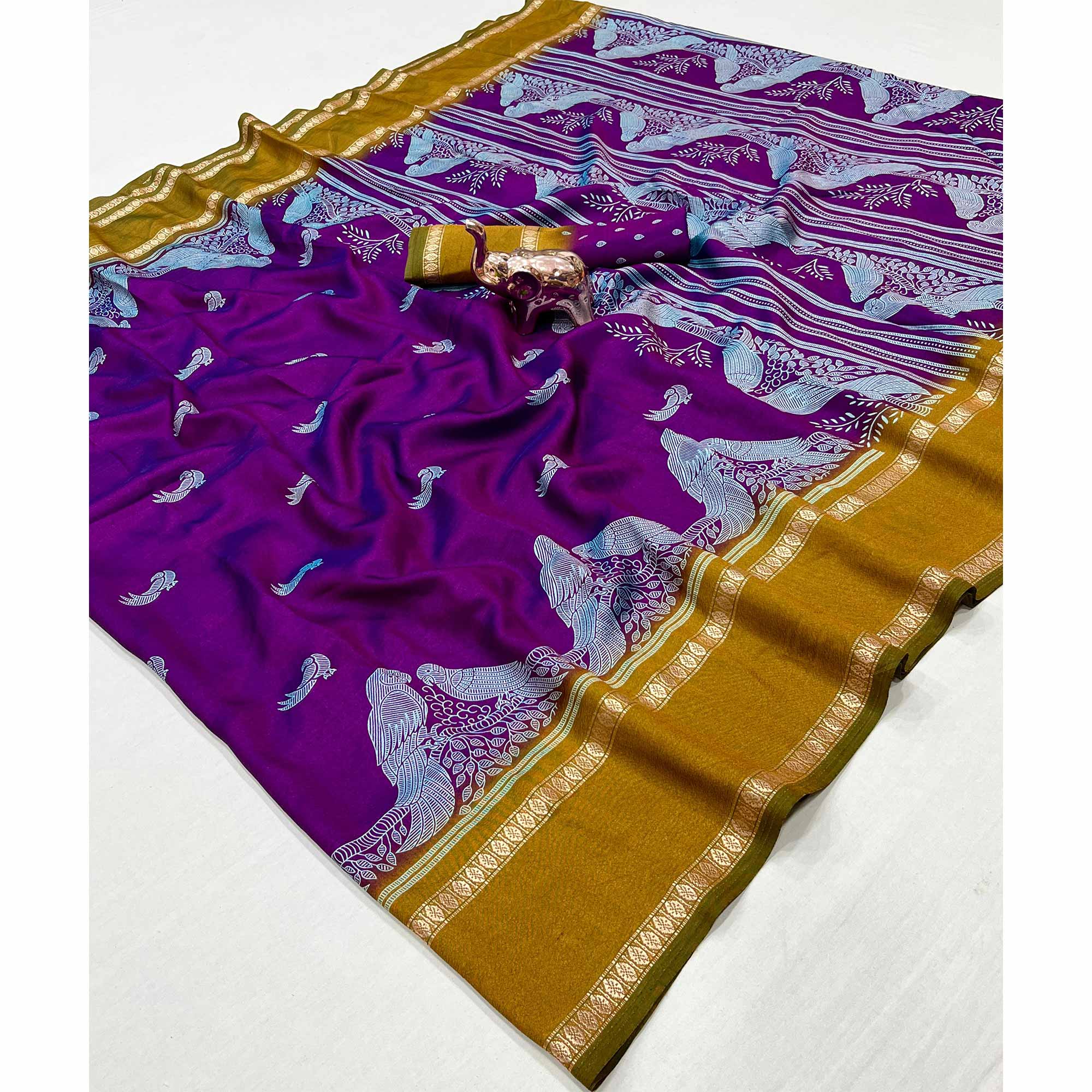 Silk Blend Saree in Deep Purple with Abstract Print and Intricate Woven Border