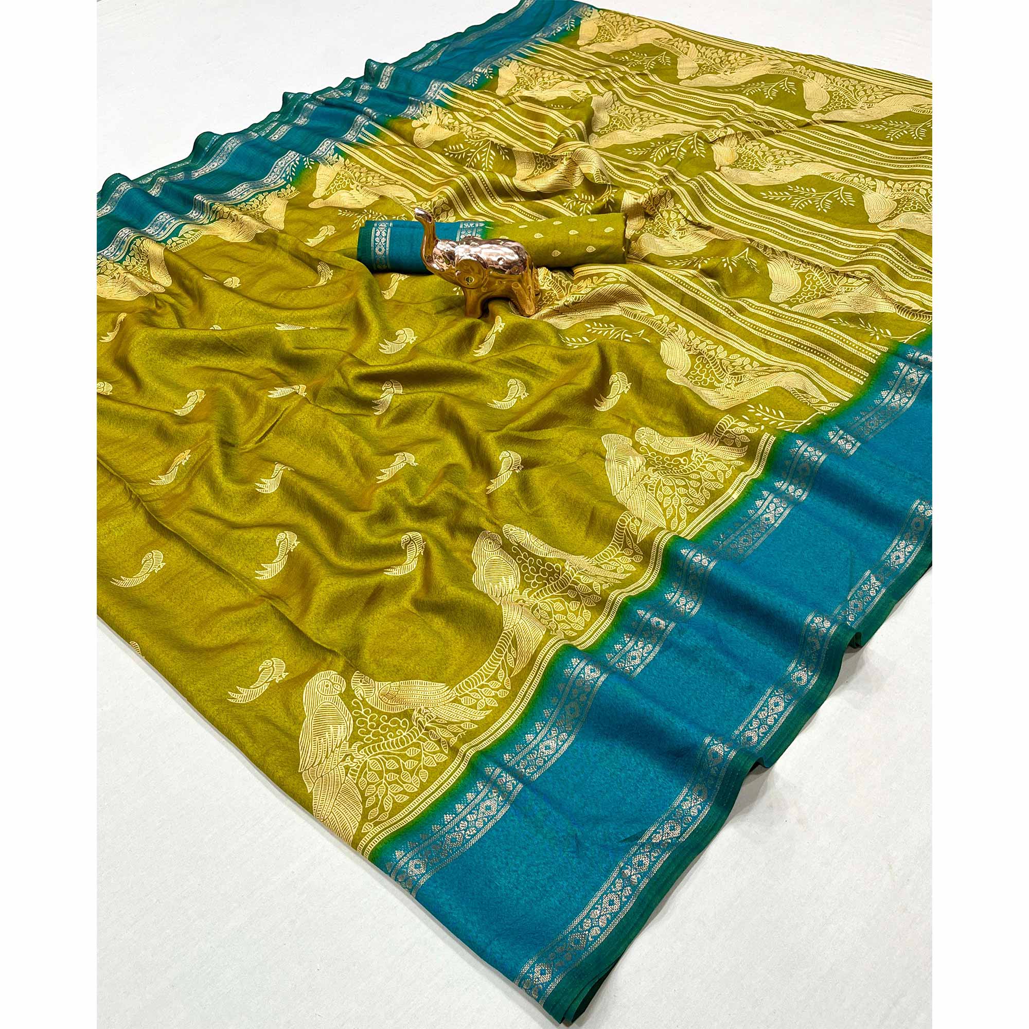 Silk Blend Saree in Mustard with Abstract Print and Intricate Woven Border