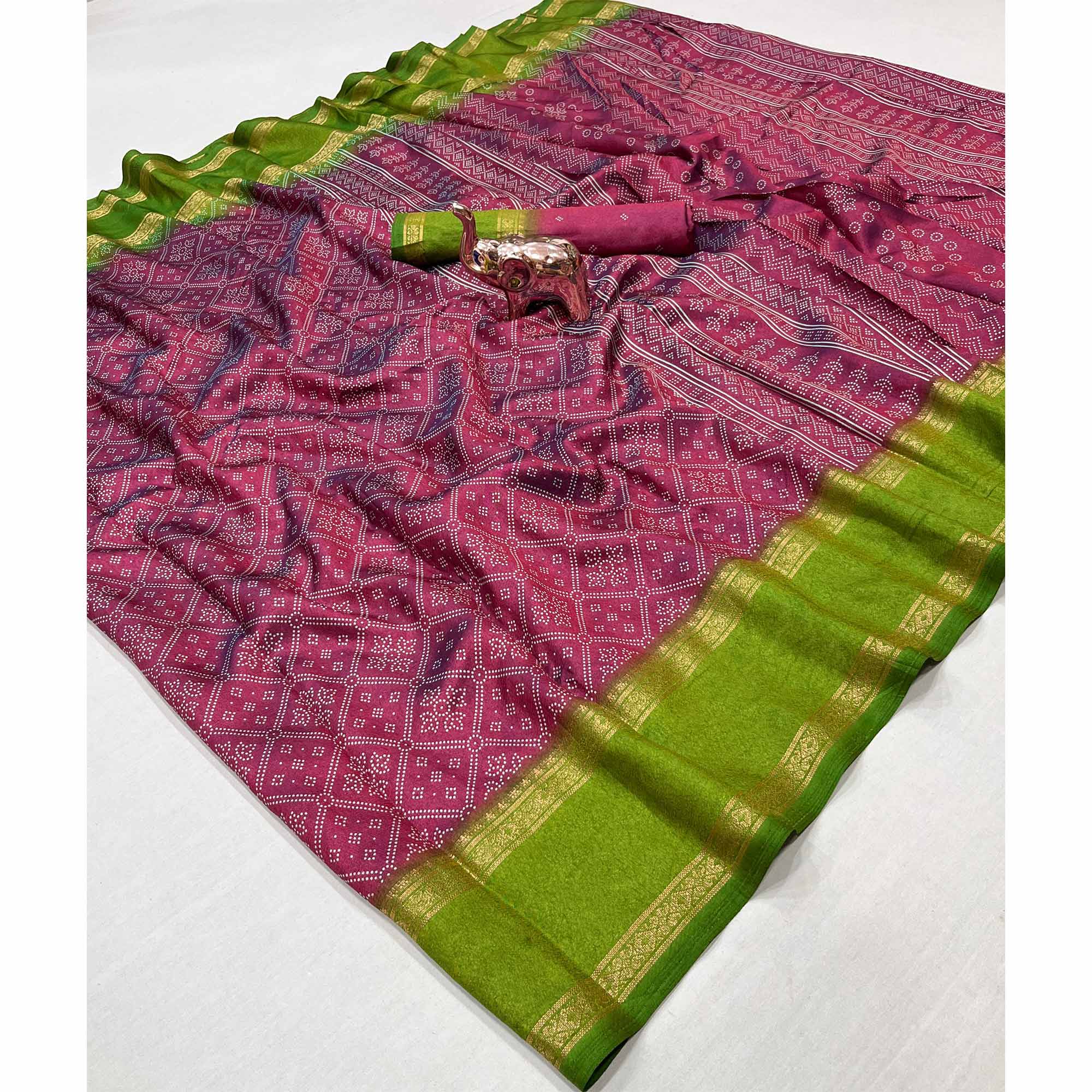 Silk Blend Saree in Magenta with Abstract Print and Intricate Woven Border