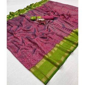 Silk Blend Saree in Magenta with Abstract Print and Intricate Woven Border