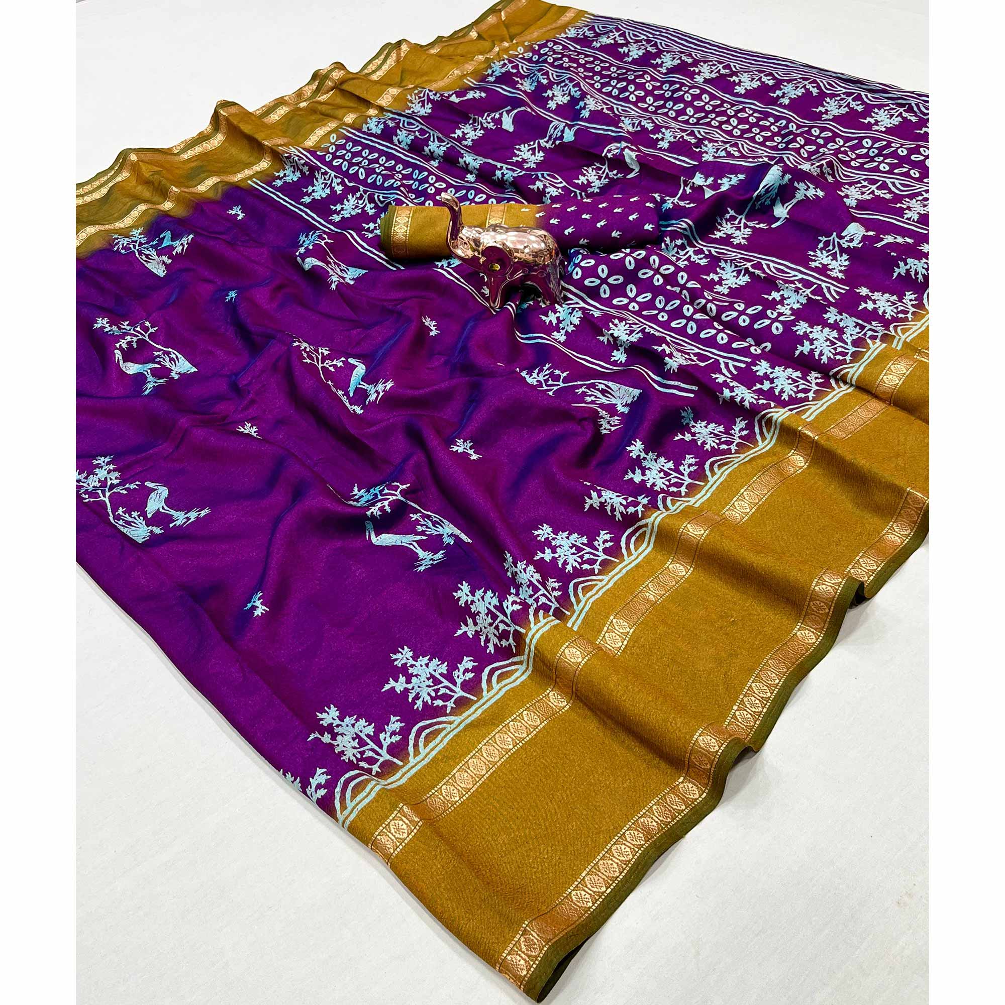 Silk Blend Saree in Purple with Abstract Print and Intricate Woven Border
