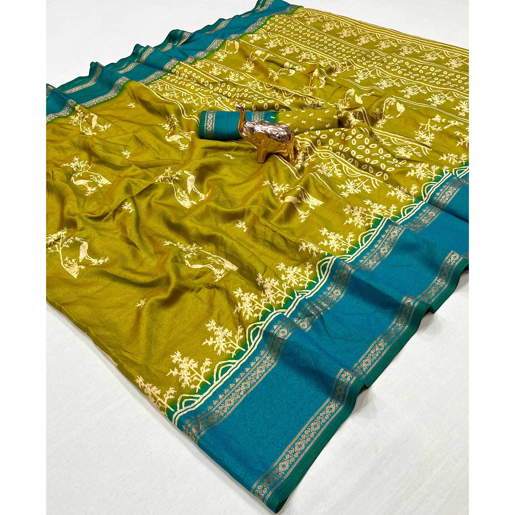 Silk Blend Saree in Yellow with Abstract Print and Intricate Woven Border