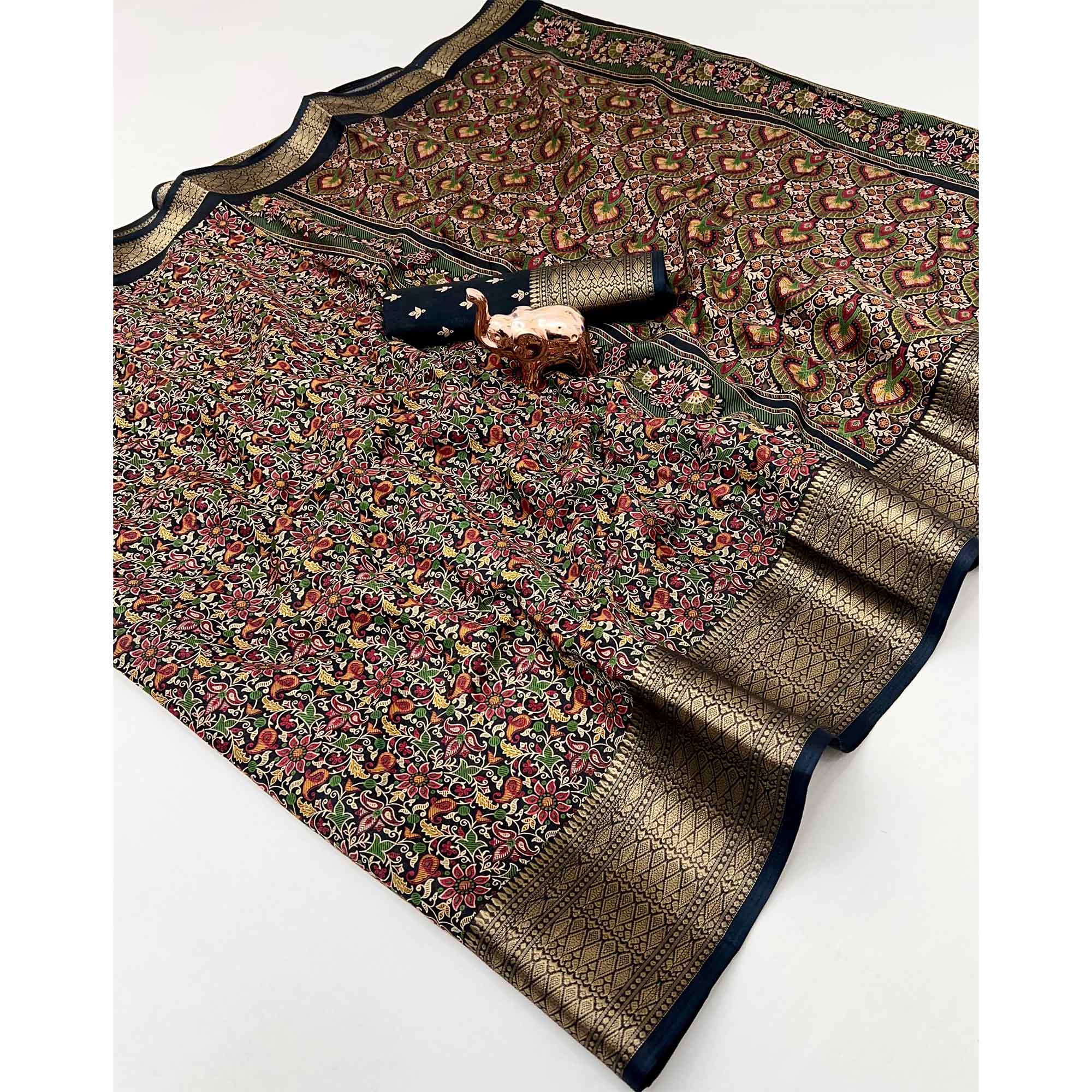 Black Kashmiri Floral Printed Dola Silk Saree With Kalamkari Pallu & Rich Zari Weaving Border