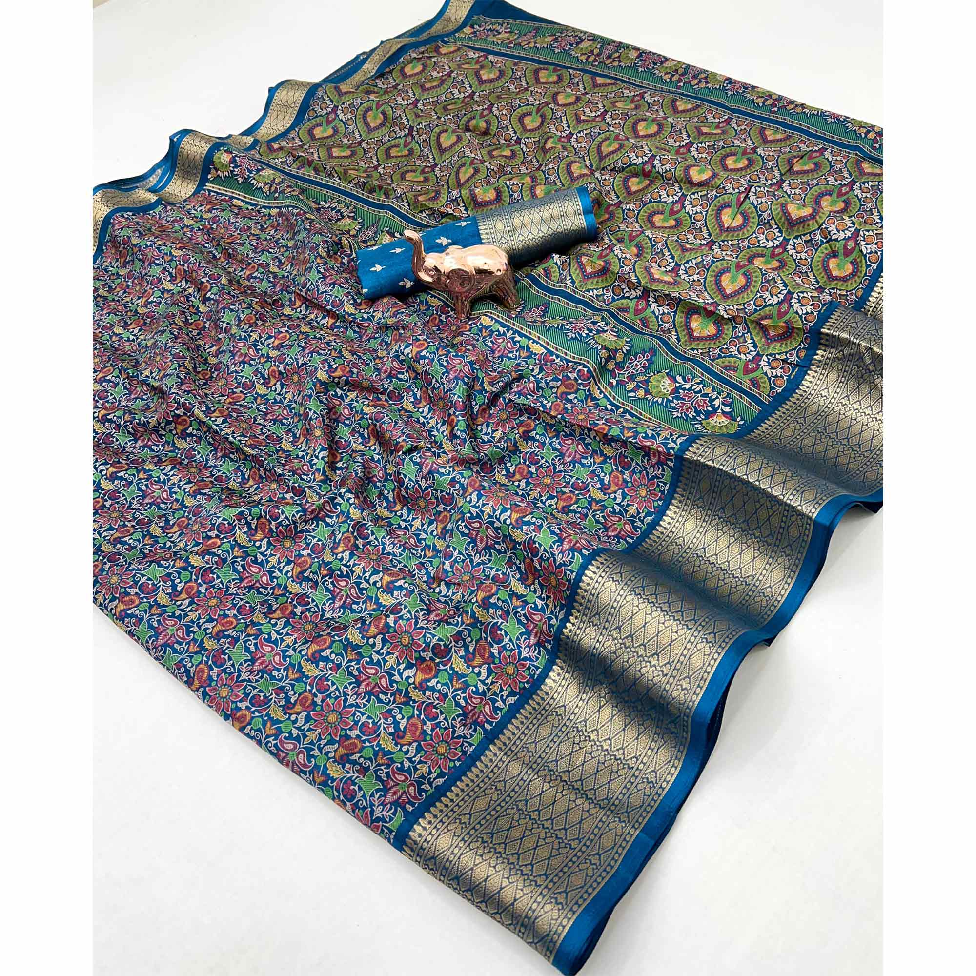 Blue Kashmiri Floral Printed Dola Silk Saree With Kalamkari Pallu & Rich Zari Weaving Border