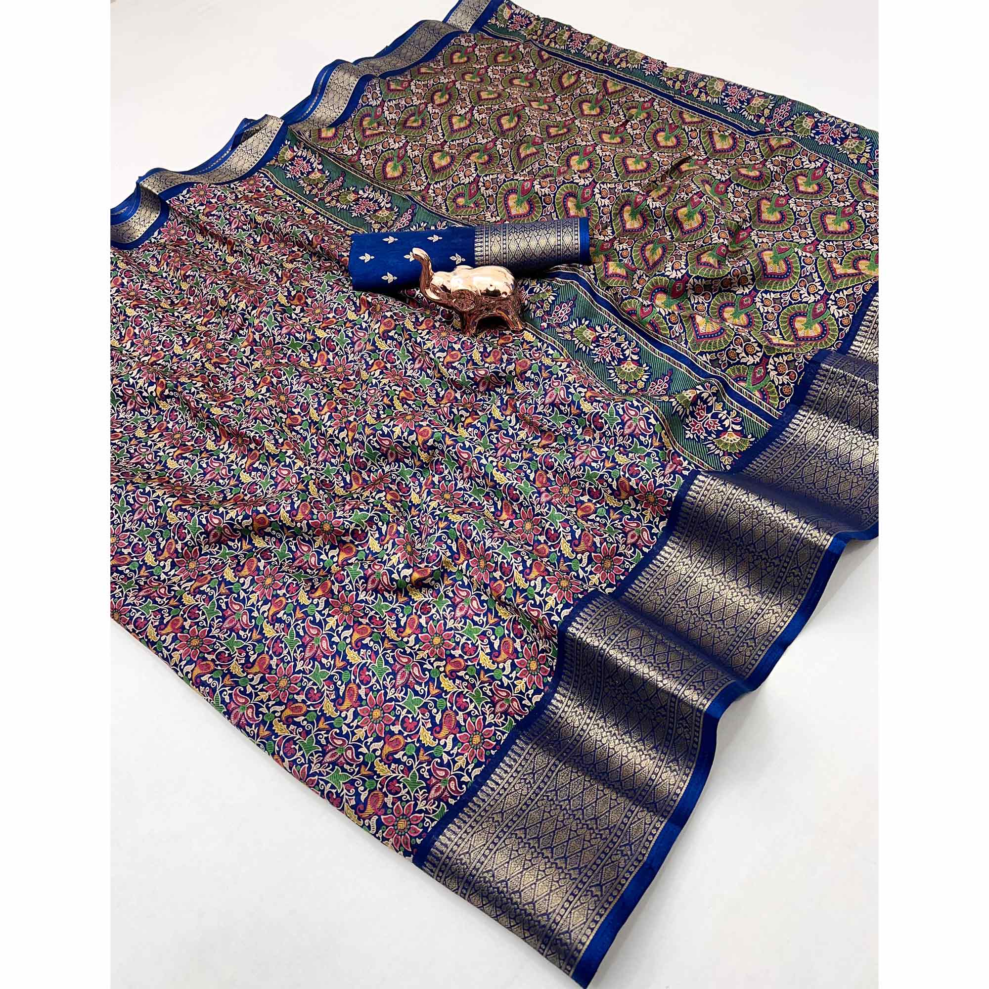 Navy Blue Kashmiri Floral Printed Dola Silk Saree With Kalamkari Pallu & Rich Zari Weaving Border