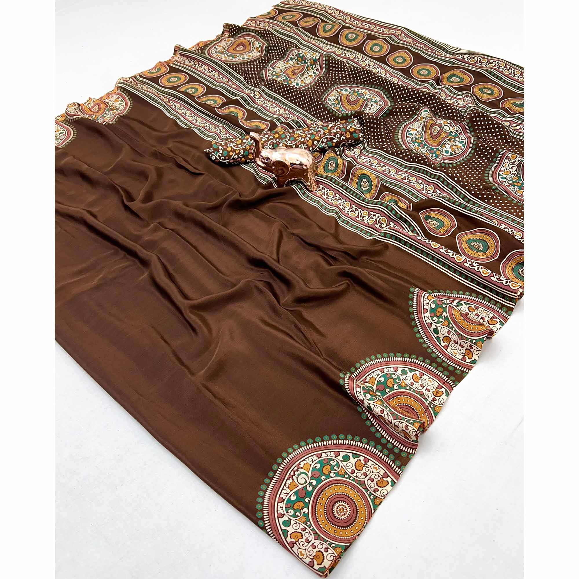 Elegant Brown Satin Saree with Ajrakh Inspired Floral Prints