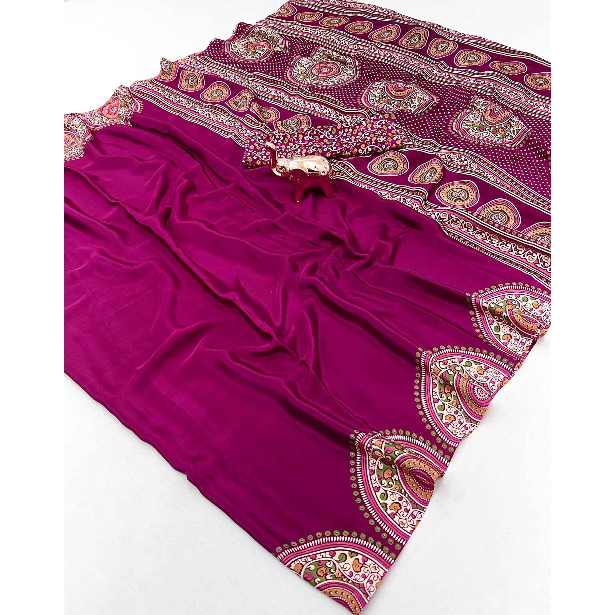 Elegant Pink Satin Saree with Ajrakh Inspired Floral Prints