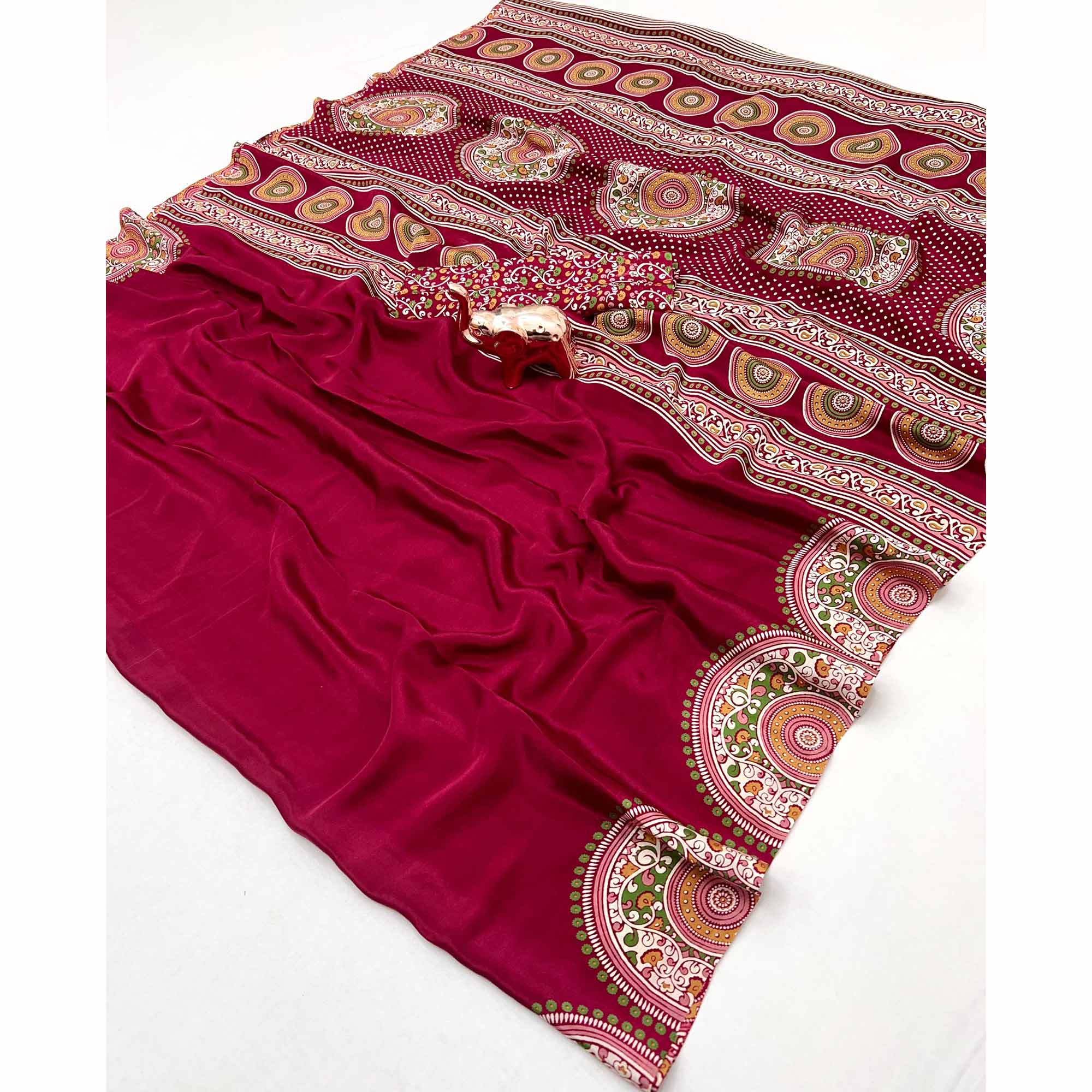 Elegant Red Satin Saree with Ajrakh Inspired Floral Prints