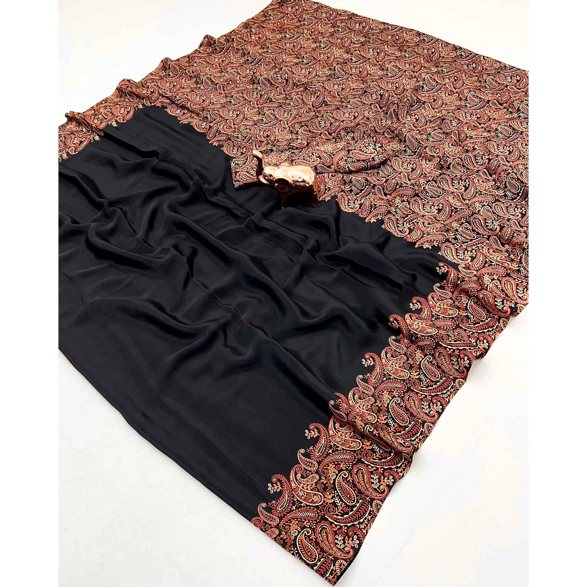 Classic Black Satin Saree Featuring Traditional Ajrakh Paisley Printed Pattern