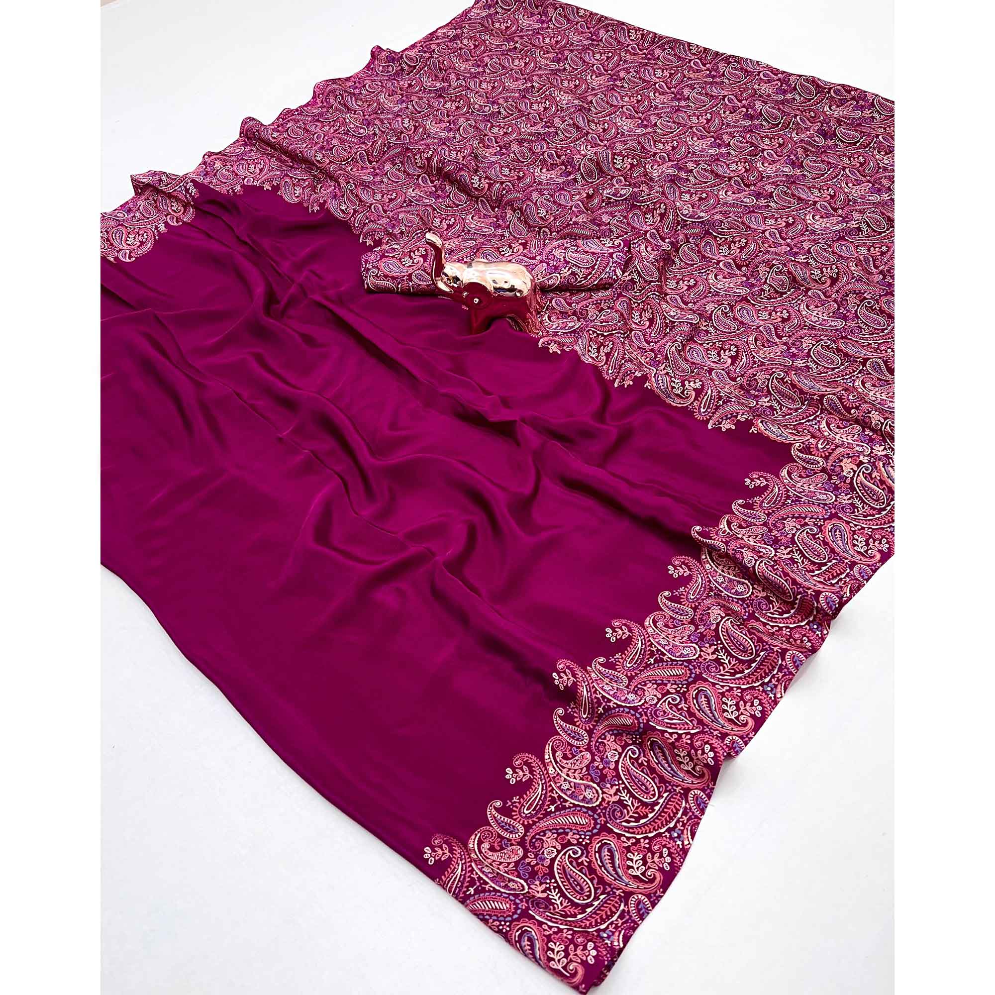 Classic Pink Satin Saree Featuring Traditional Ajrakh Paisley Printed Pattern