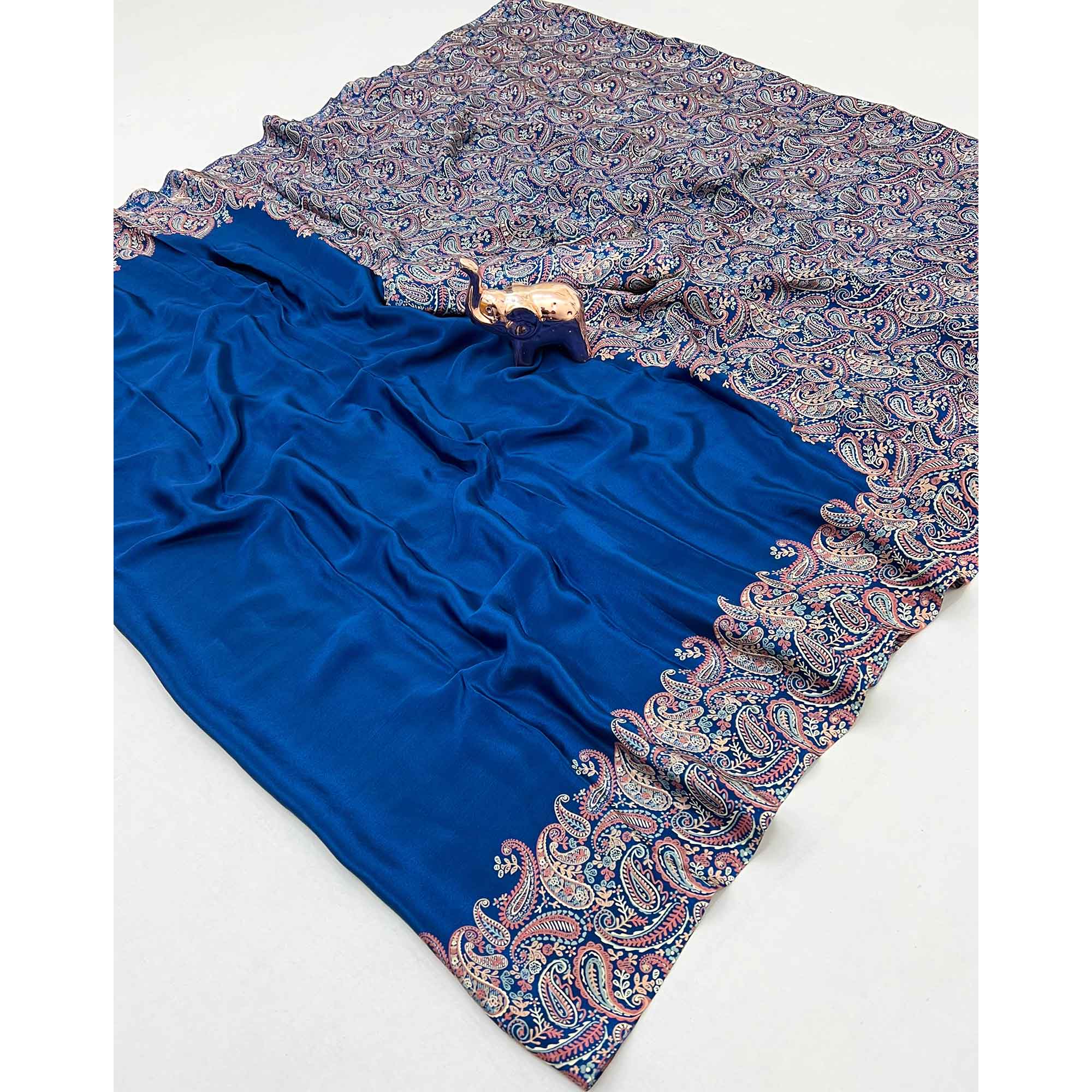Classic Royal Blue Satin Saree Featuring Traditional Ajrakh Paisley Printed Pattern
