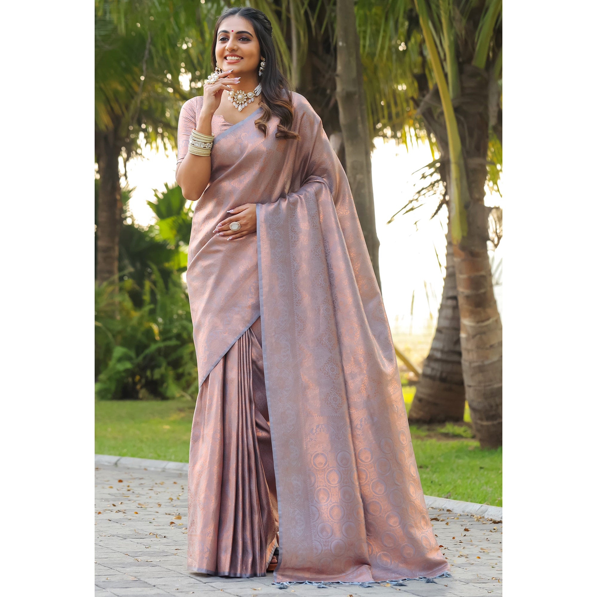 Grey Floral Woven Mysore Silk Saree With Tassels