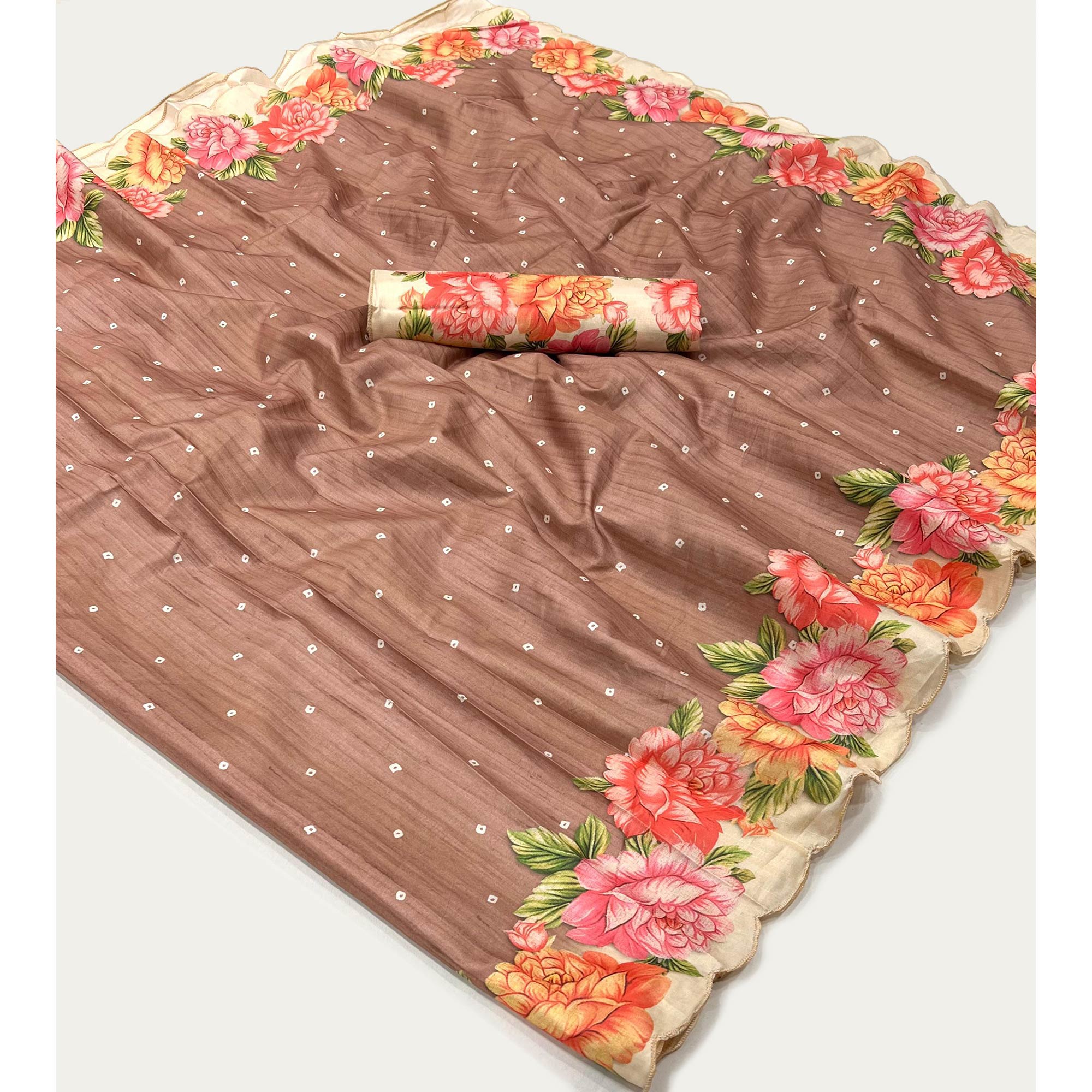 Brown Floral Digital Printed Tussar Silk Saree