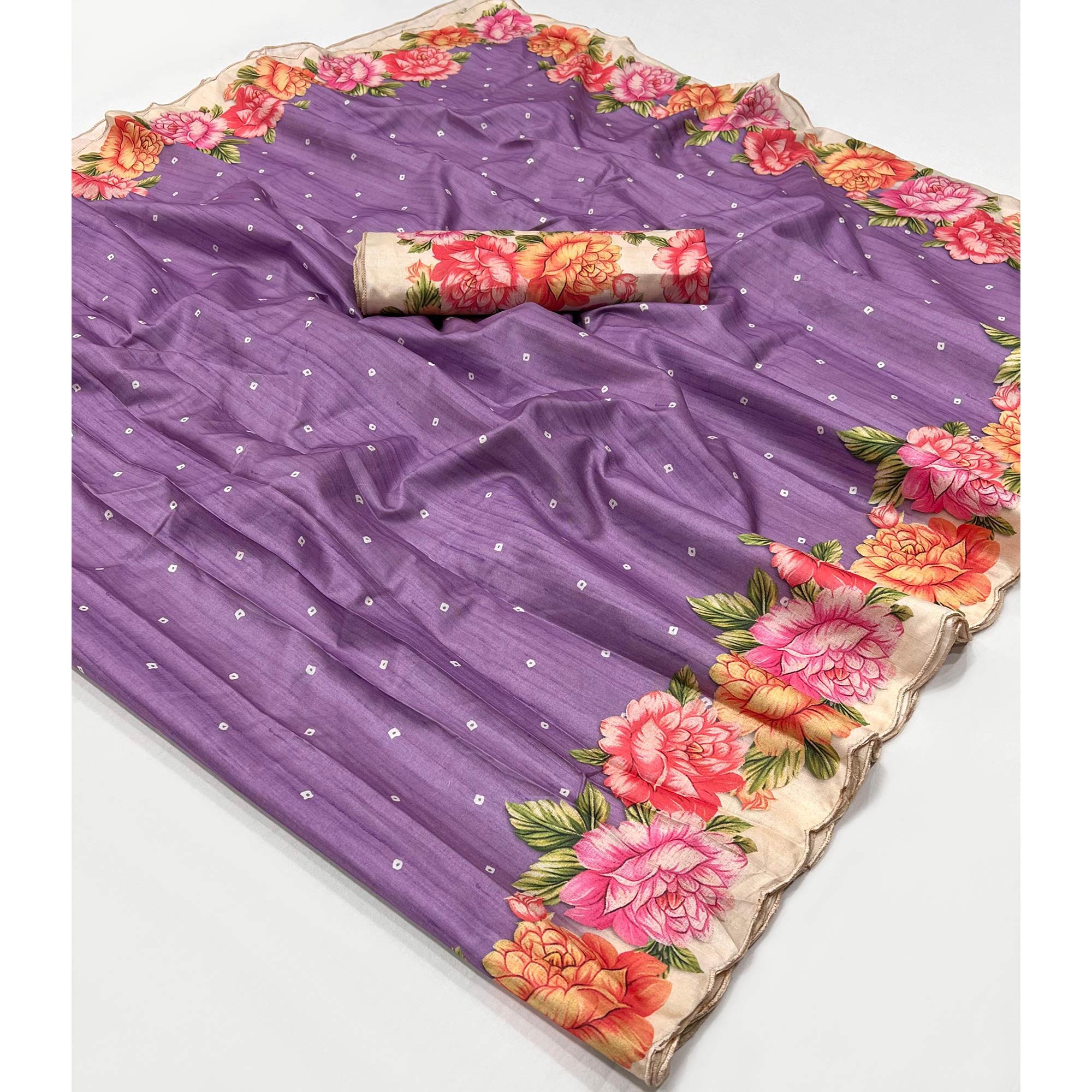 Lavender Floral Digital Printed Tussar Silk Saree