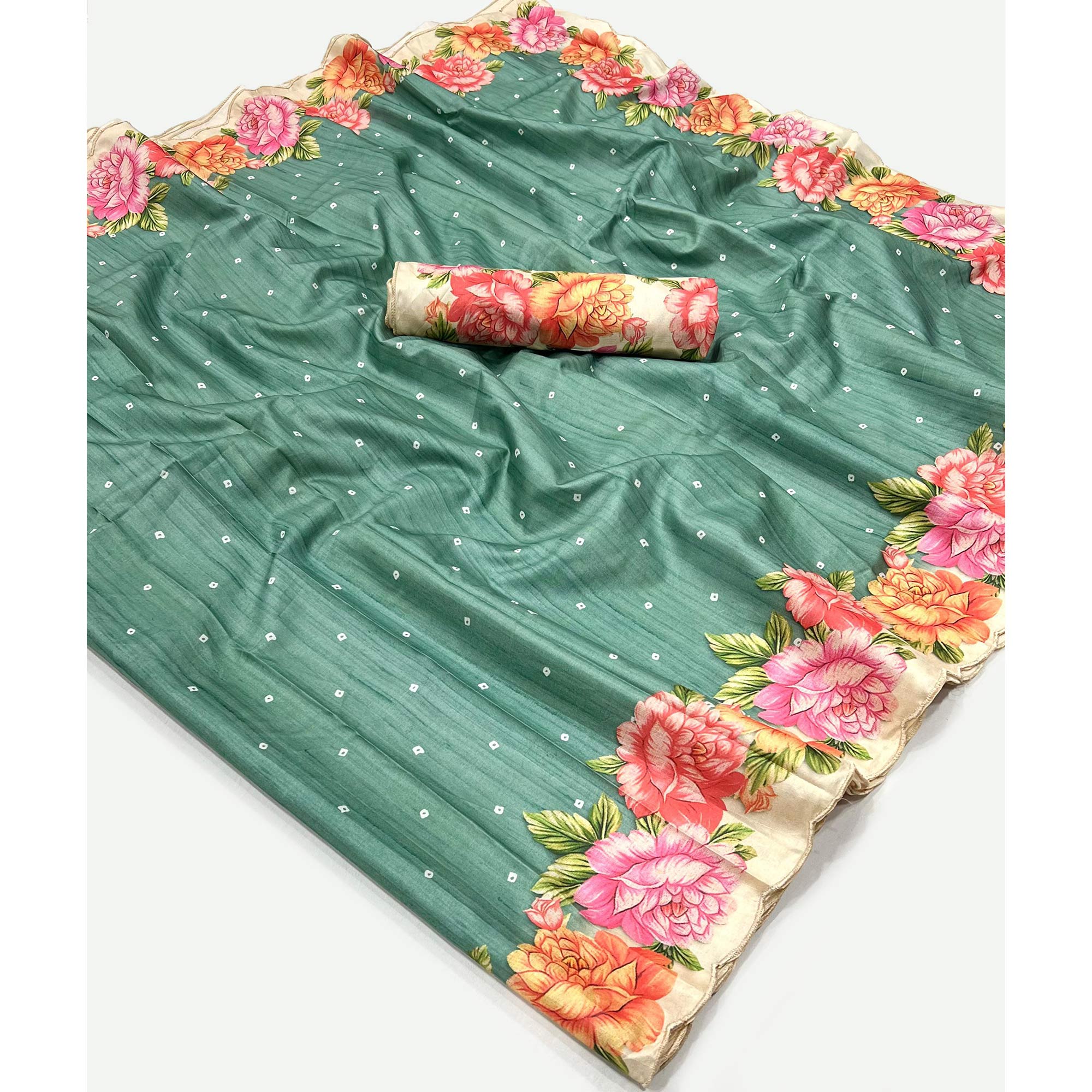 Sea Green Floral Digital Printed Tussar Silk Saree