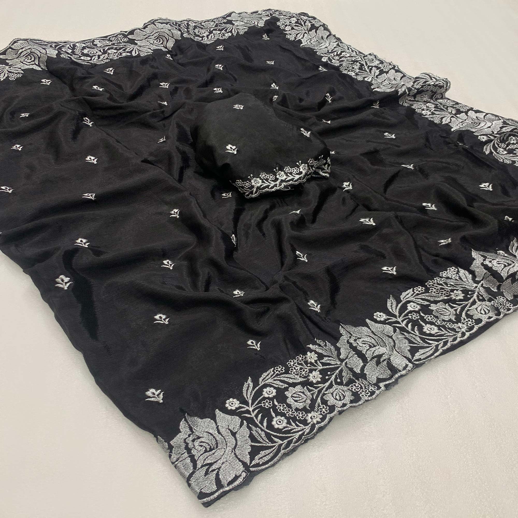 Black Floral Zari Embroidered Chinon Silk Saree