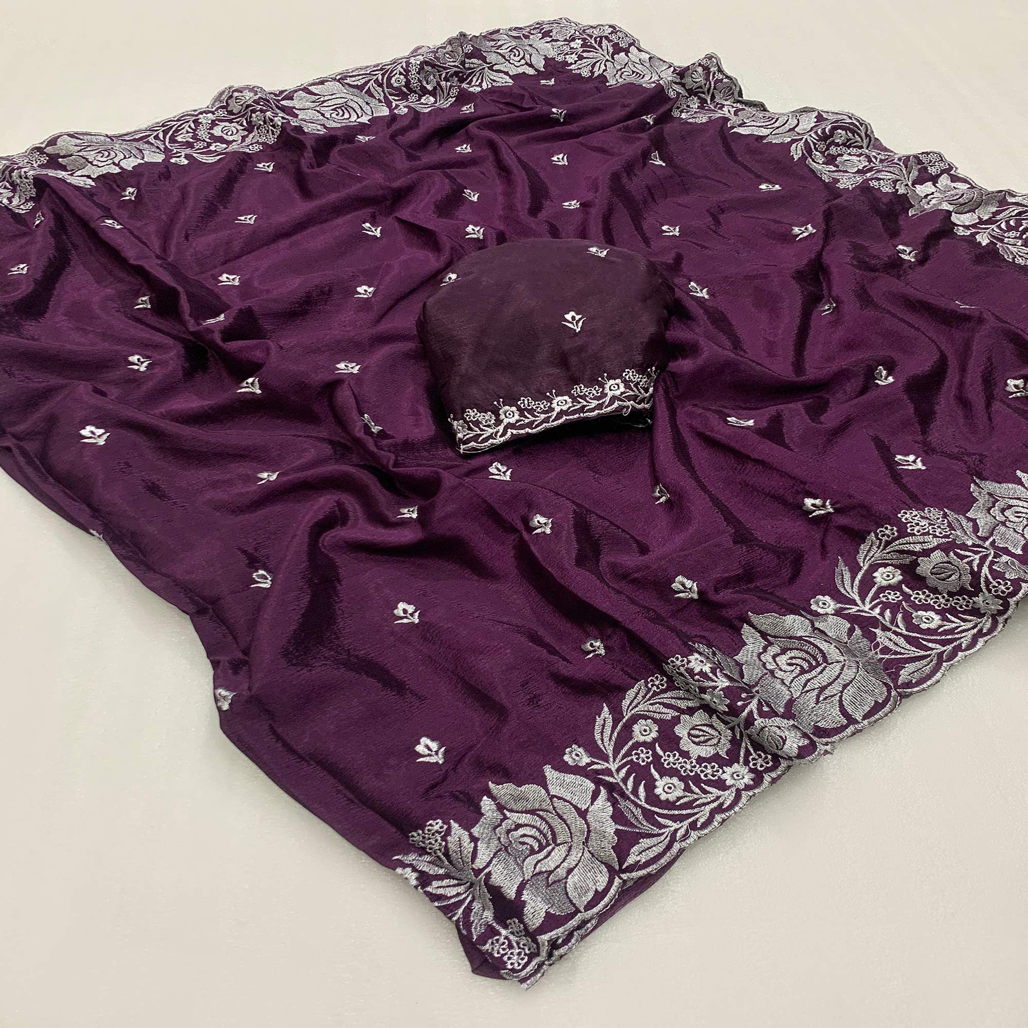 Purple Floral Zari Embroidered Chinon Silk Saree