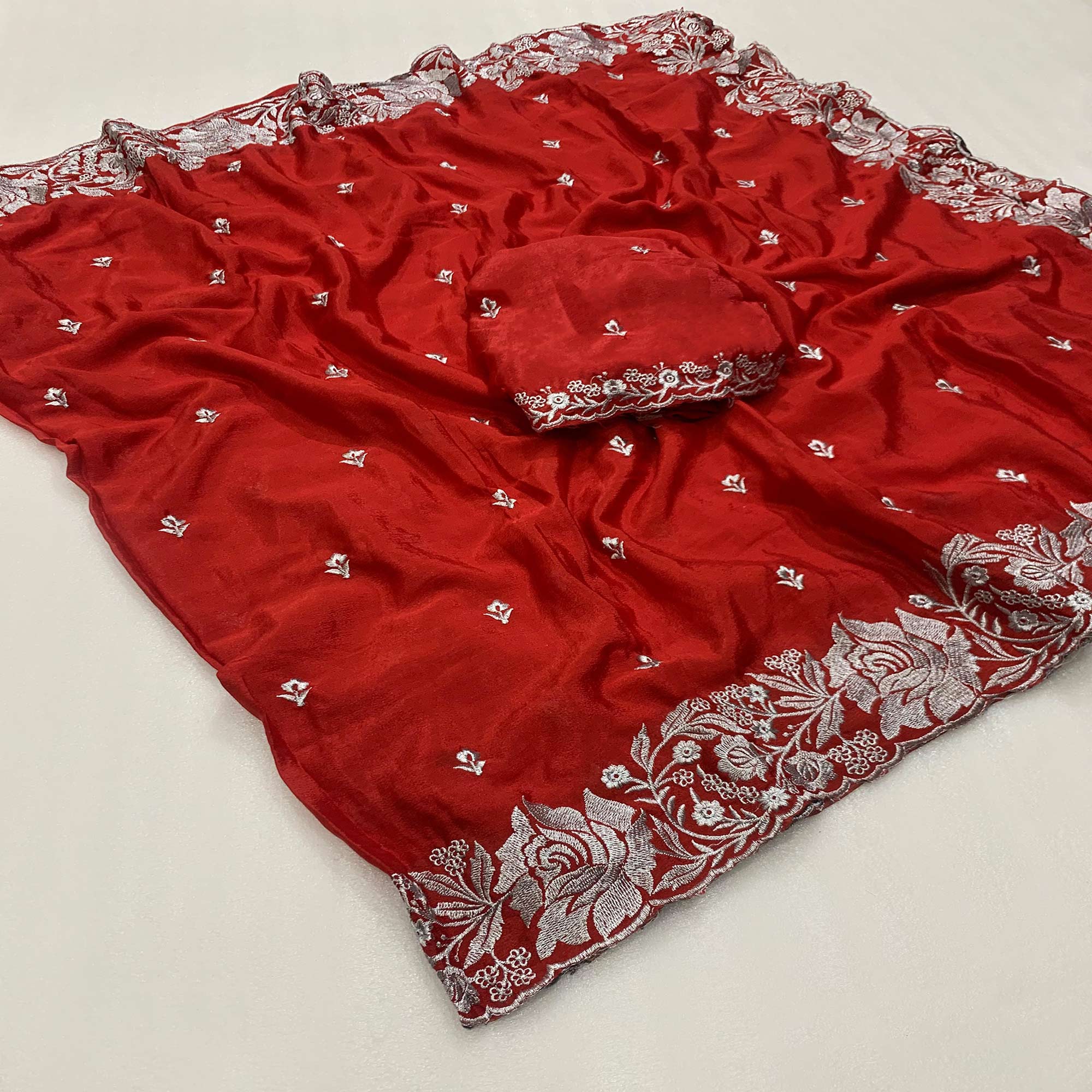 Red Floral Zari Embroidered Chinon Silk Saree