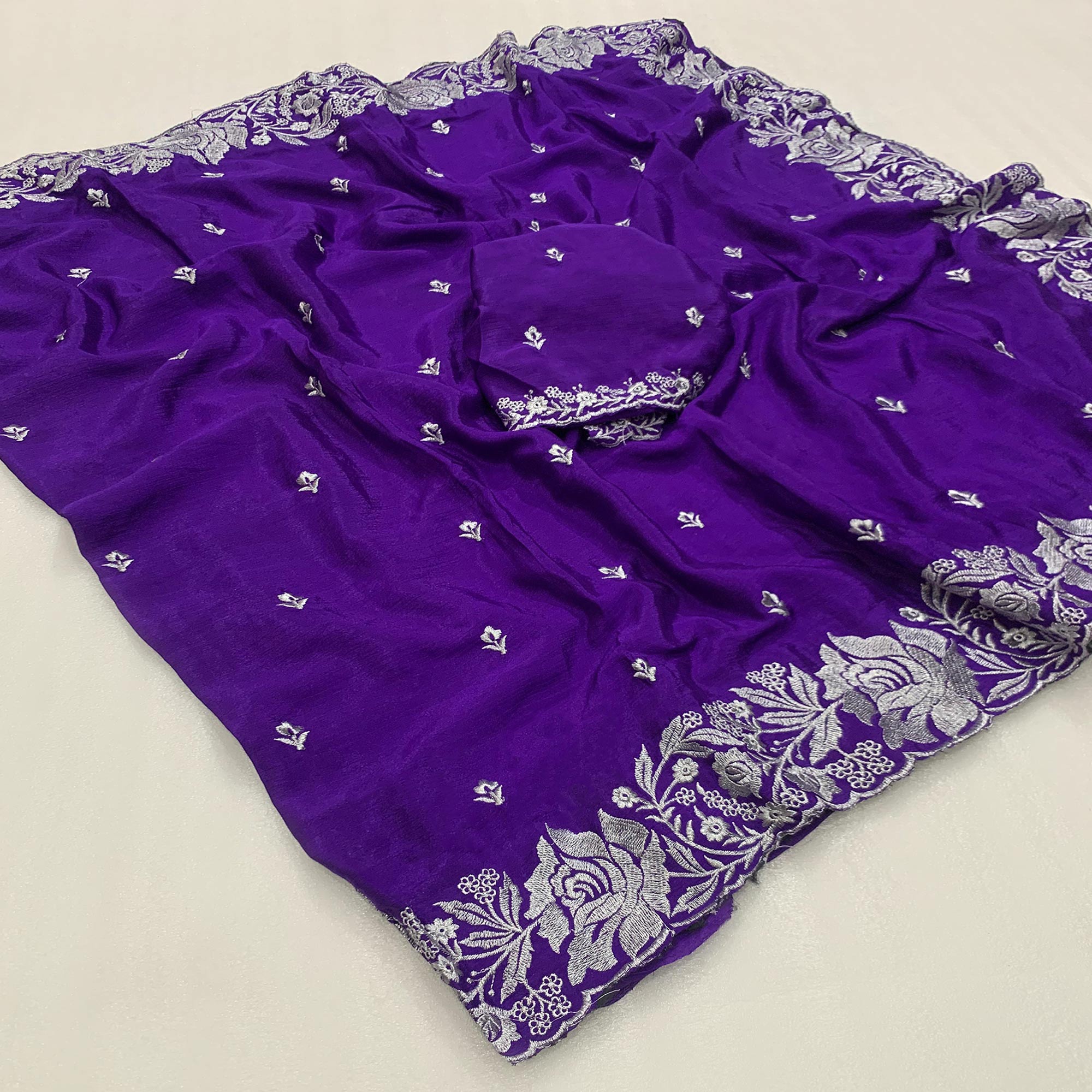 Violet Floral Zari Embroidered Chinon Silk Saree