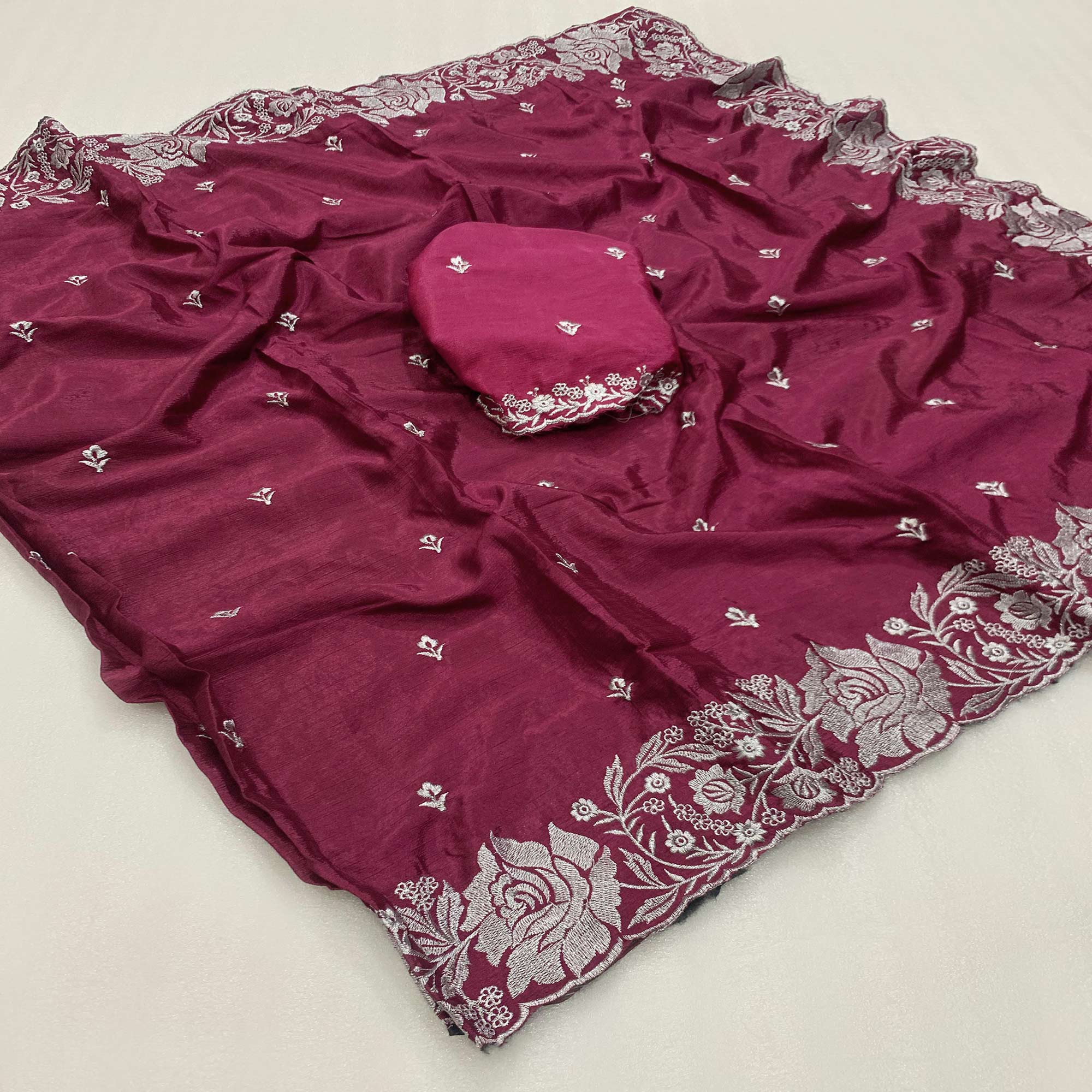 Wine Floral Zari Embroidered Chinon Silk Saree