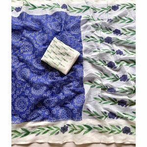 Chic Blue Linen Saree Featuring Bandhani & Floral Digital Prints
