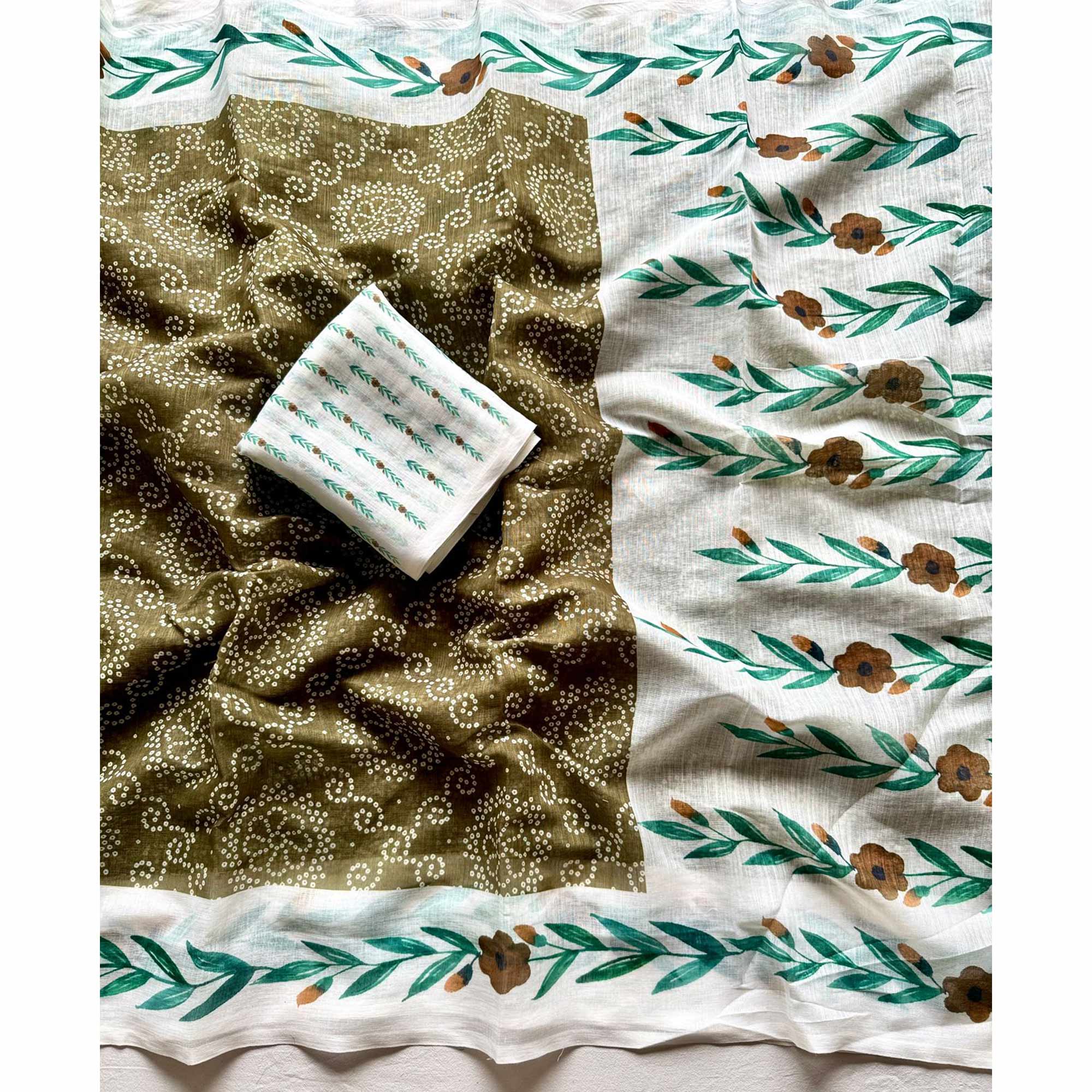 Chic Mehendi Green Linen Saree Featuring Bandhani & Floral Digital Prints