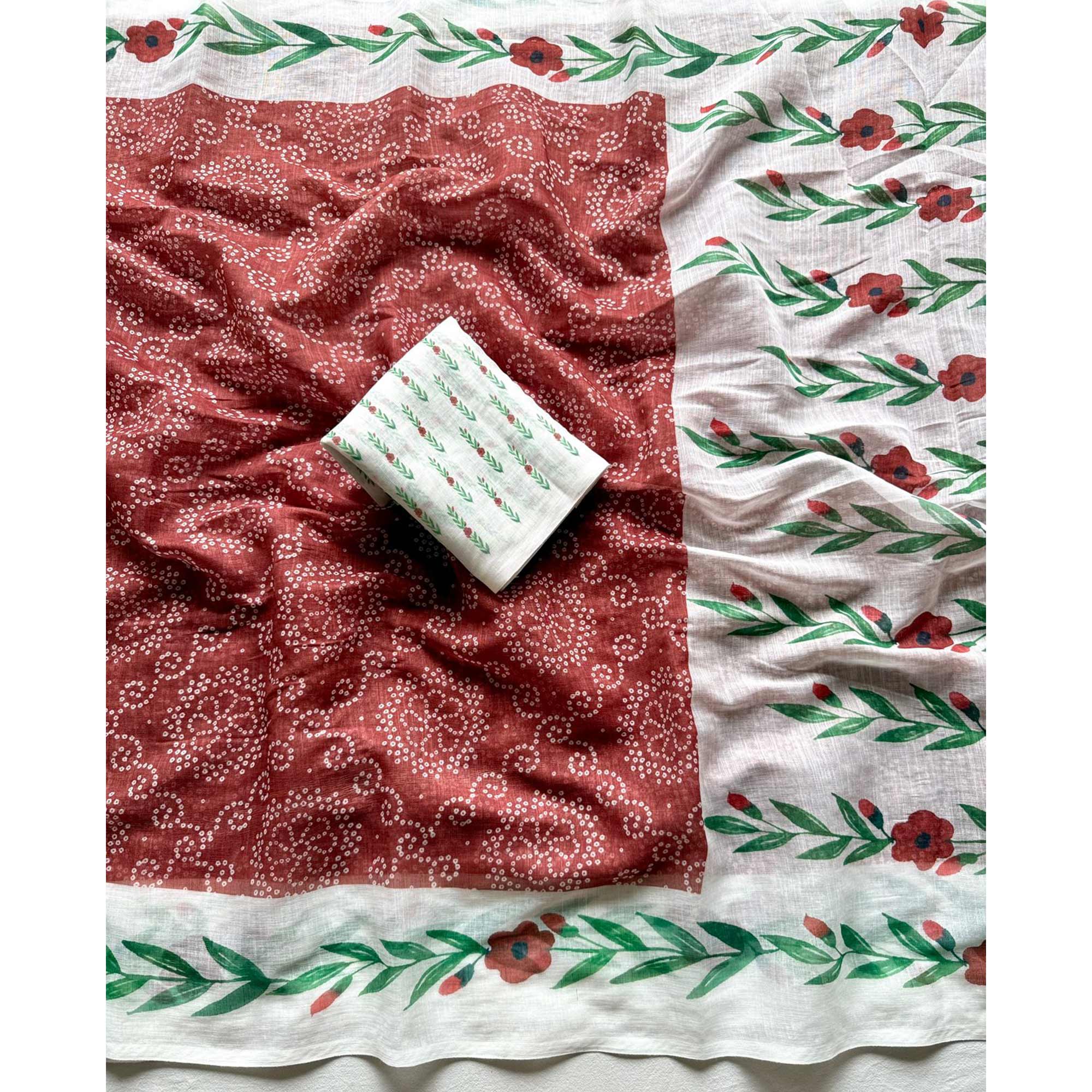 Chic Rust Linen Saree Featuring Bandhani & Floral Digital Prints