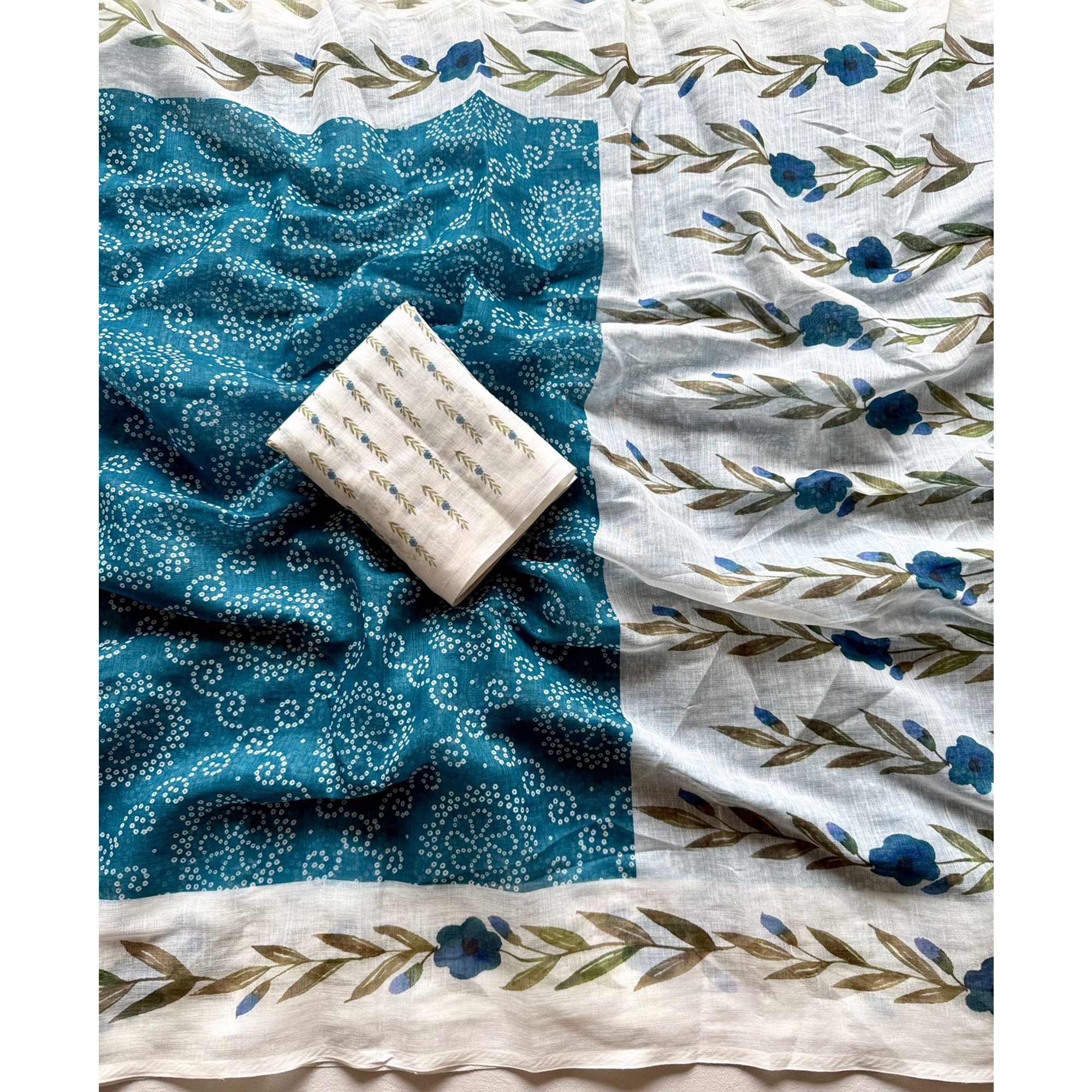 Chic Teal Linen Saree Featuring Bandhani & Floral Digital Prints
