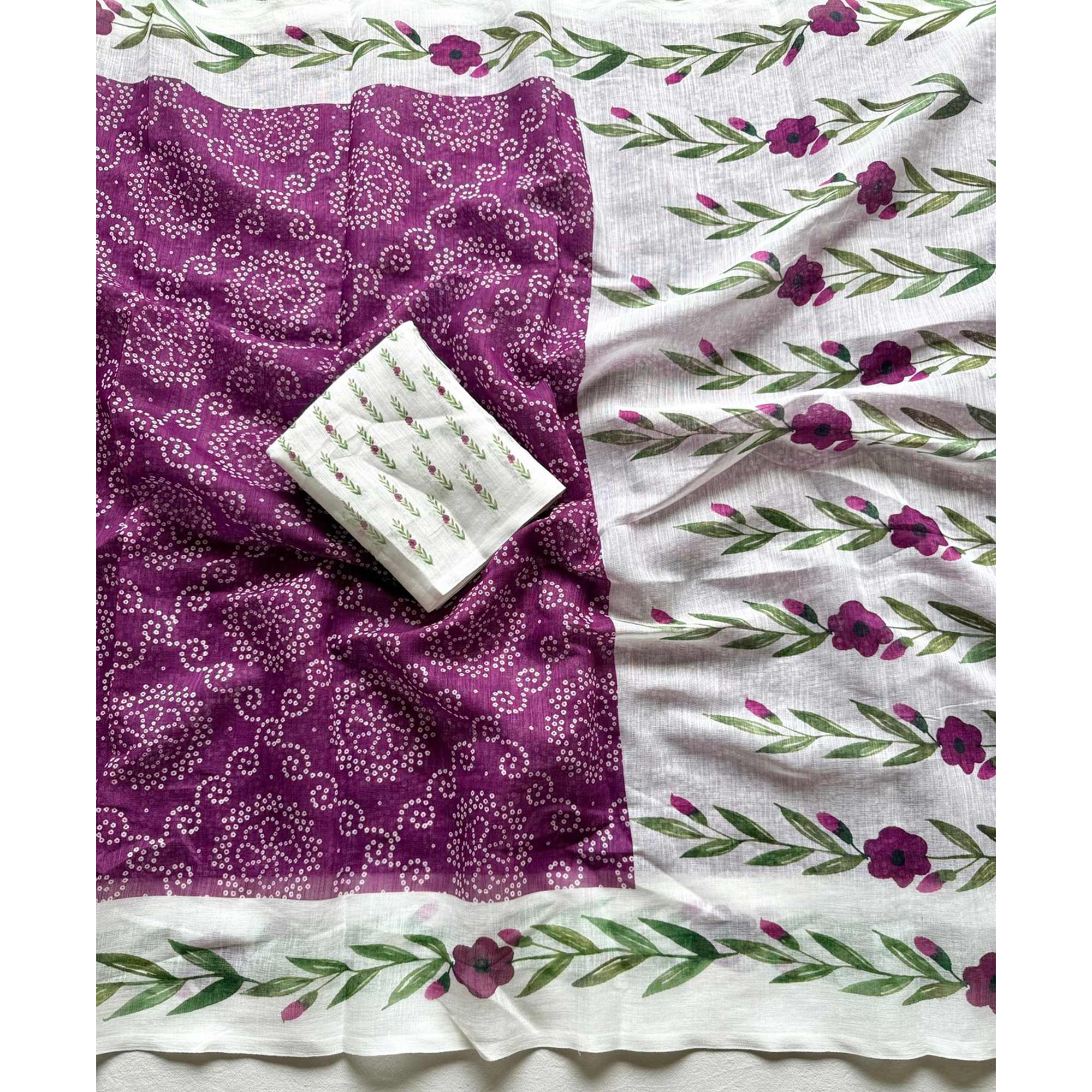 Chic Wine Linen Saree Featuring Bandhani & Floral Digital Prints