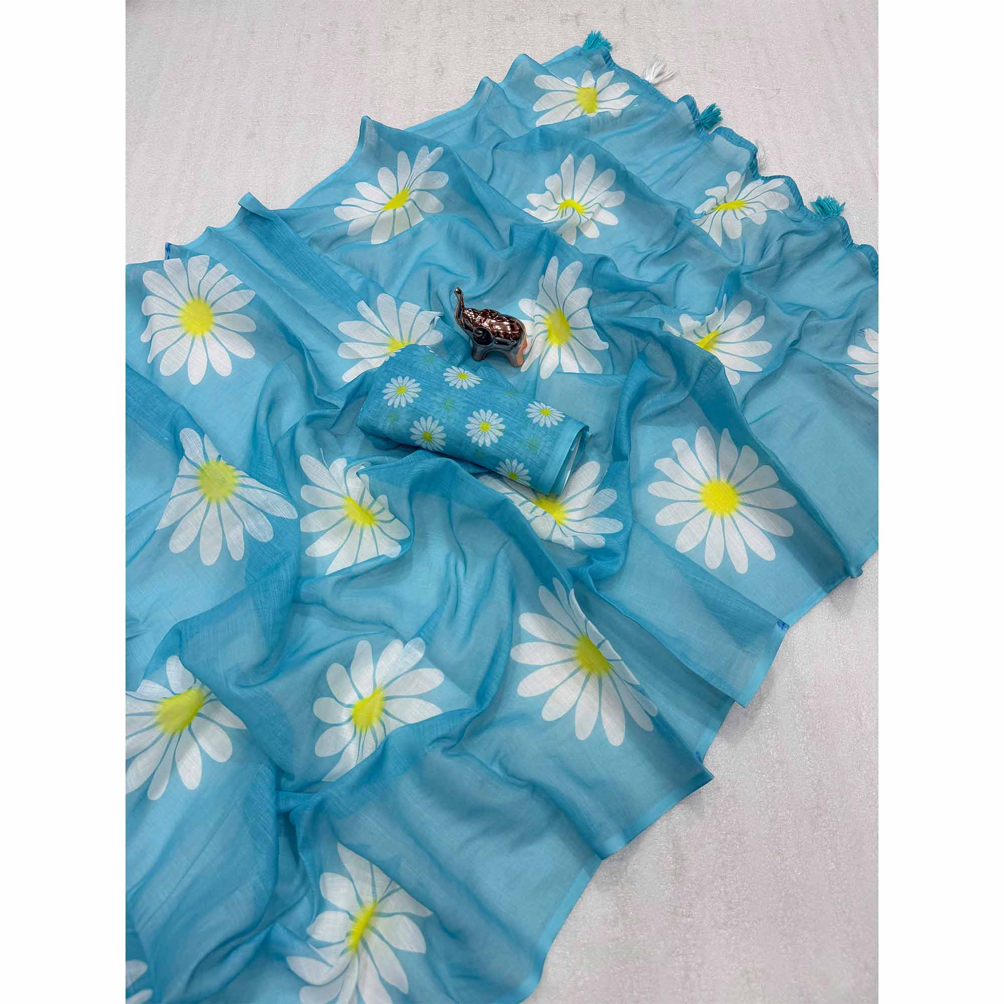 Sophisticated Blue Floral Digital Printed Linen Silk Saree With Tassel Pallu
