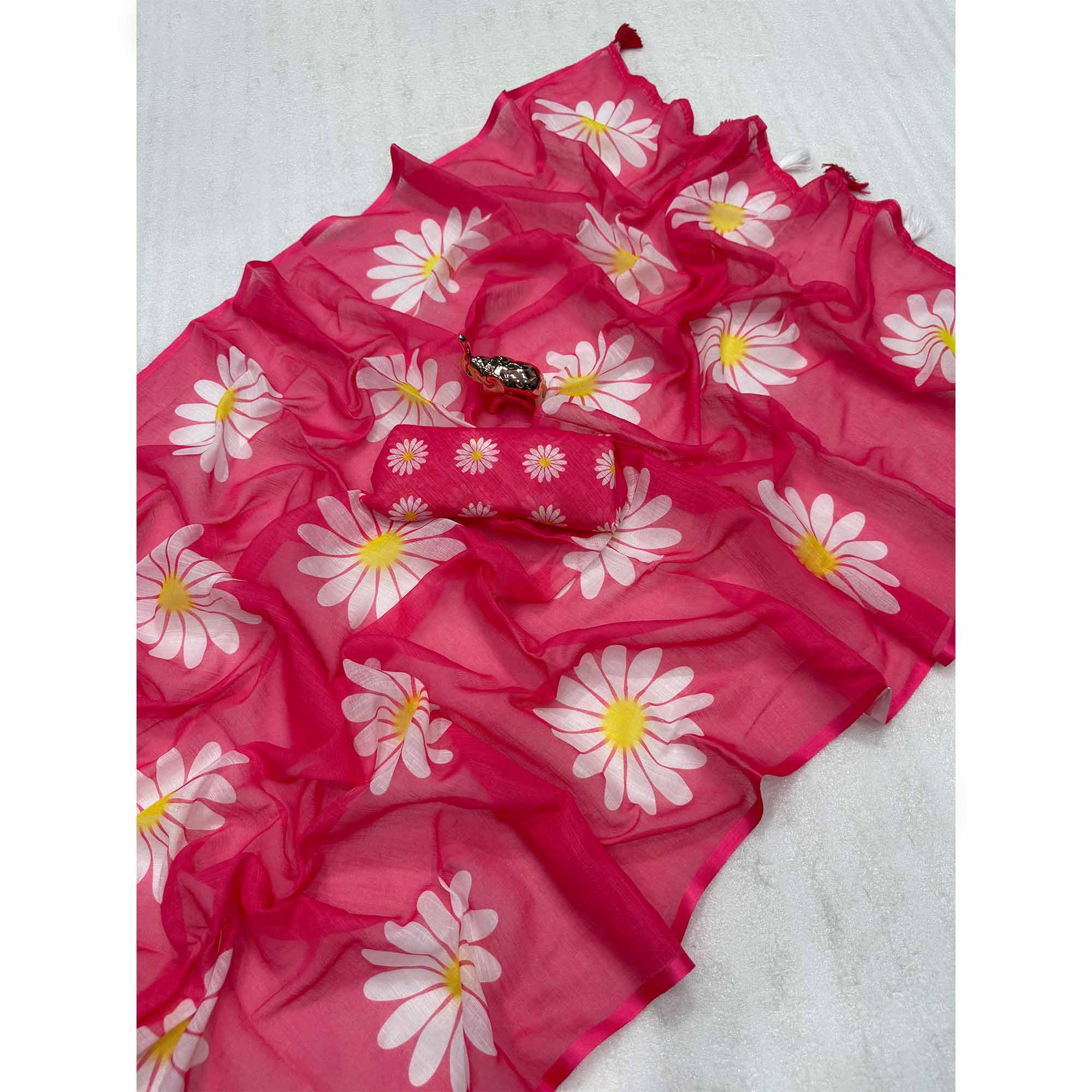 Sophisticated Rani Pink Floral Digital Printed Linen Silk Saree With Tassel Pallu
