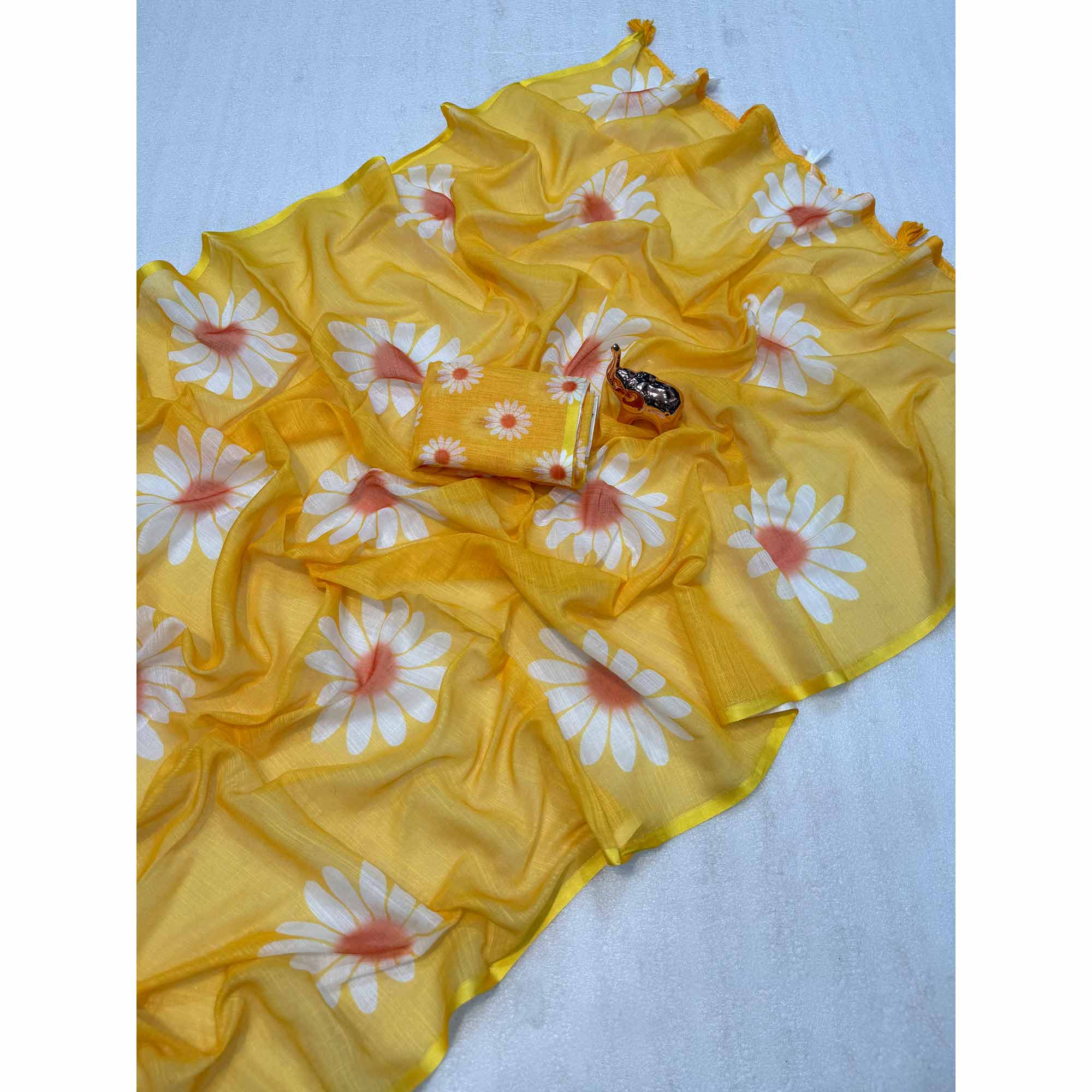 Sophisticated Yellow Floral Digital Printed Linen Silk Saree With Tassel Pallu