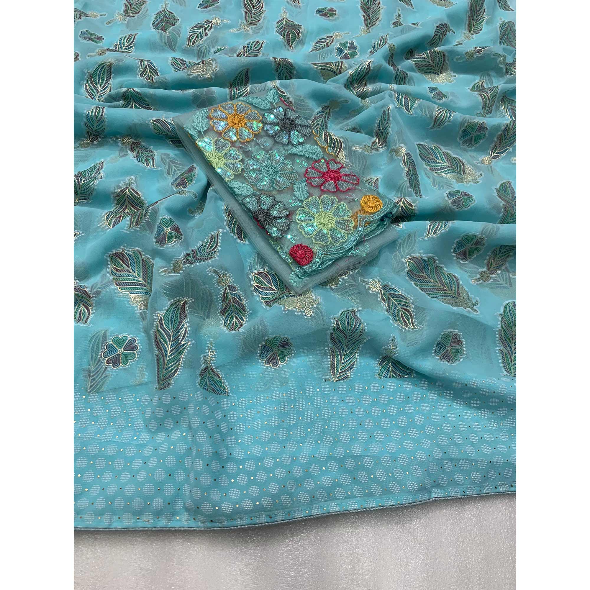 Blue Floral Foil Printed Georgette Saree