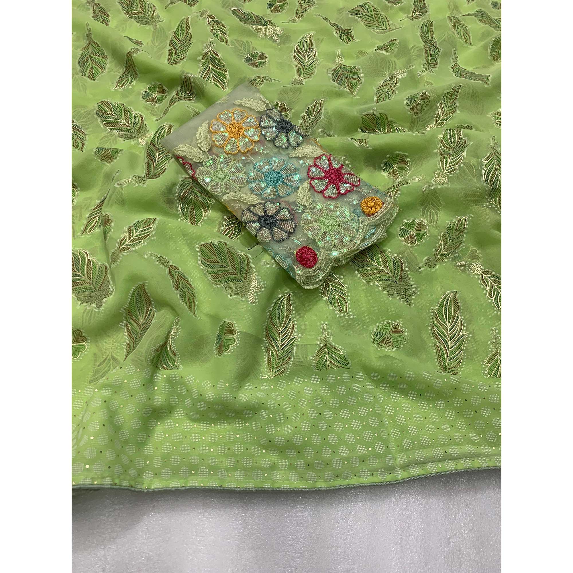 Green Floral Foil Printed Georgette Saree