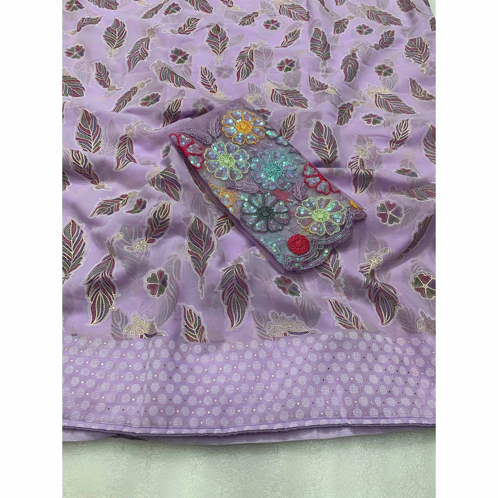 Lavender Floral Foil Printed Georgette Saree