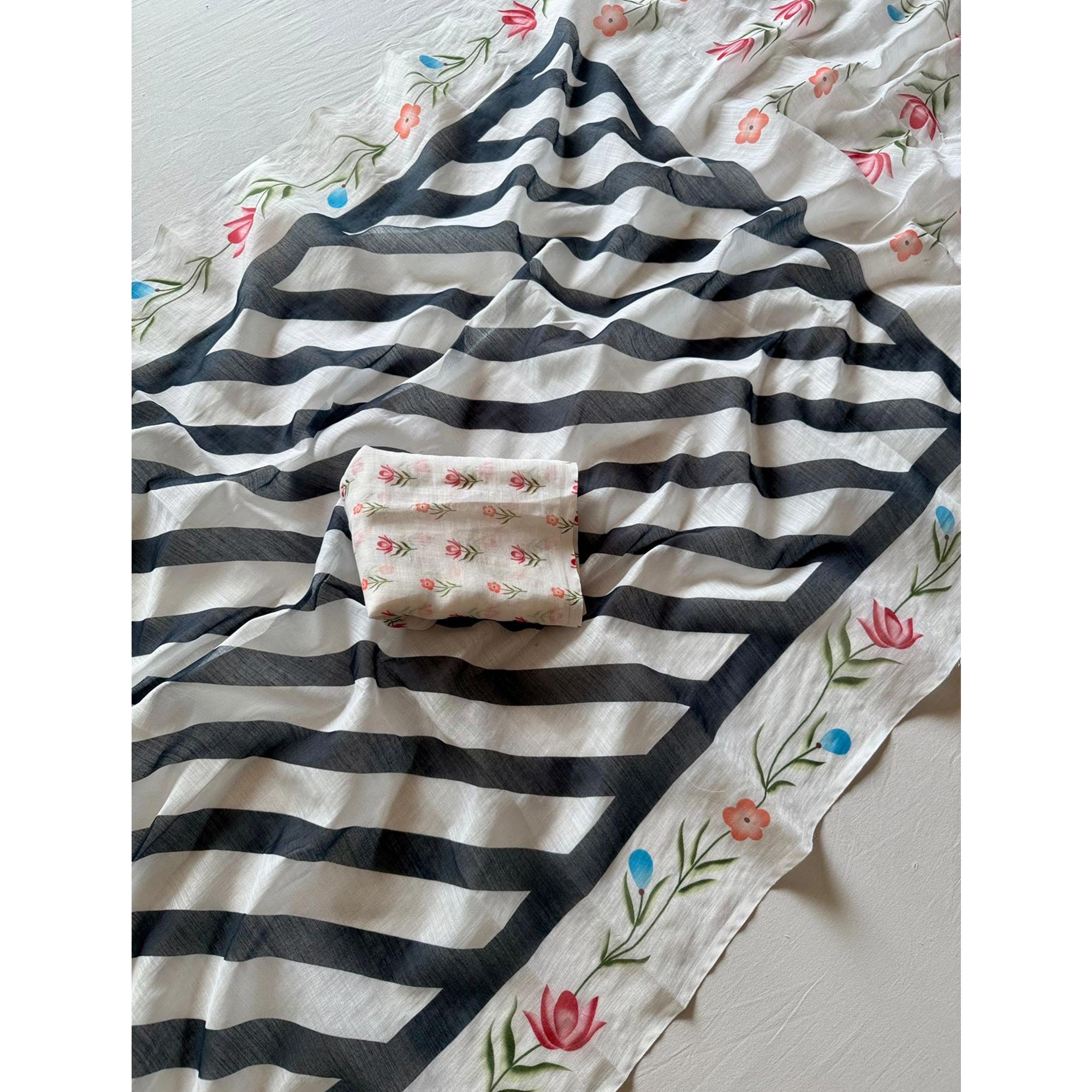 Stylish Black Digital Striped Printed Linen Saree With Delicate Floral Designs