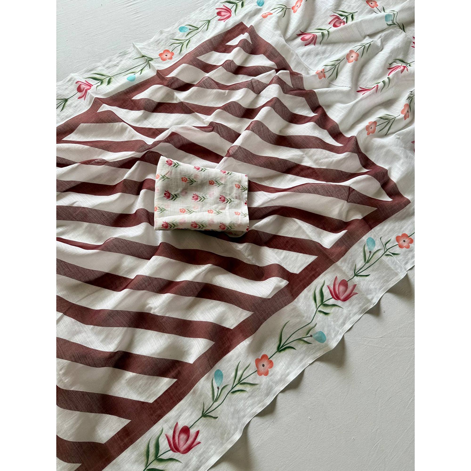 Stylish Brown Digital Striped Printed Linen Saree With Delicate Floral Designs